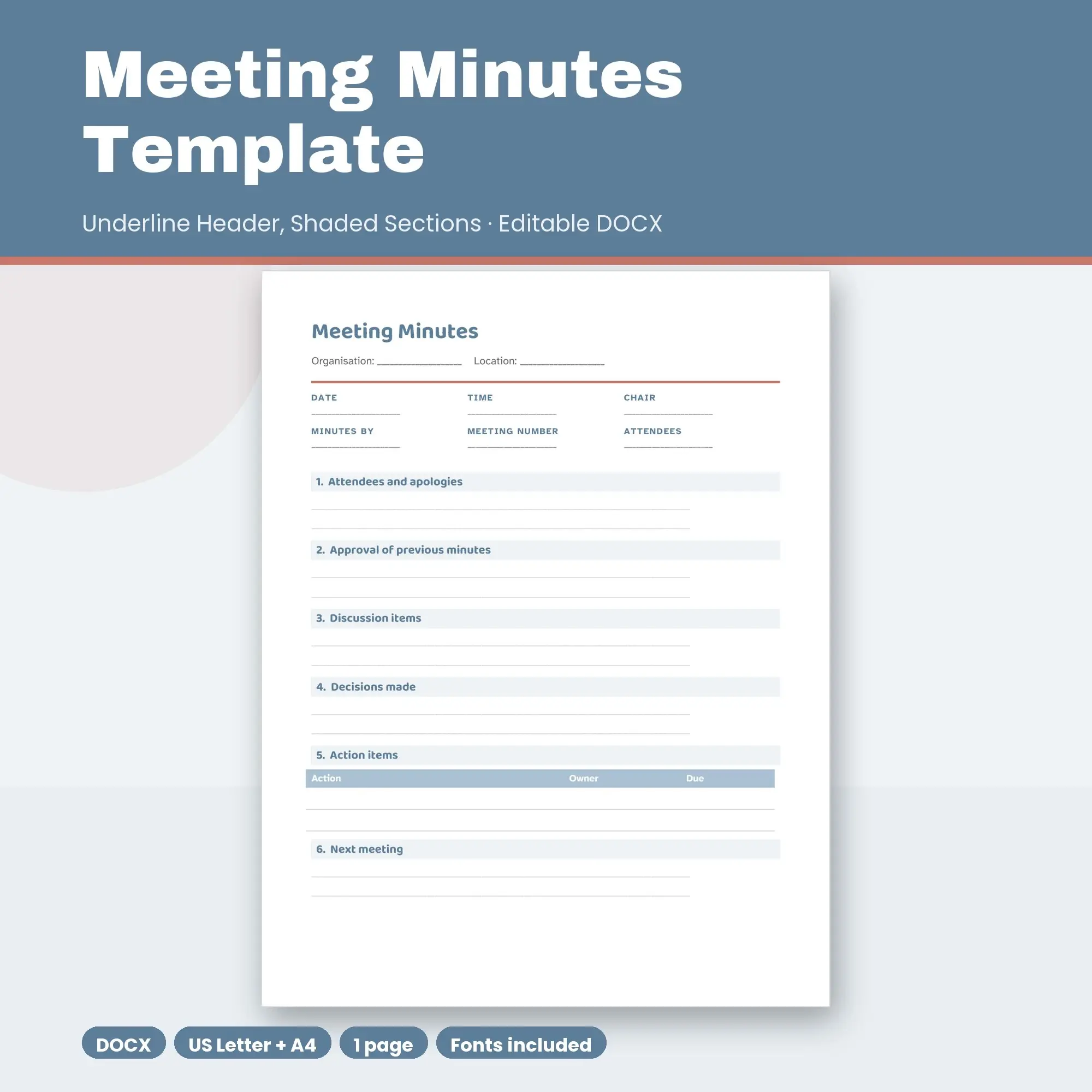 Meeting Minutes Template, Underline Header, Shaded Sections (DOCX) preview