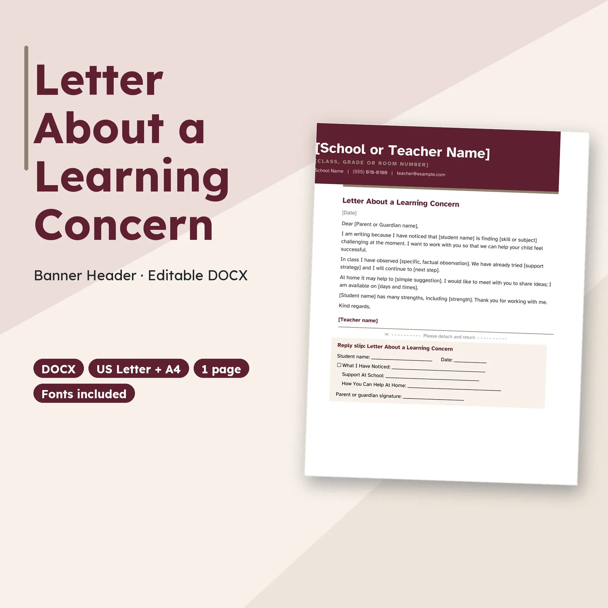 Letter About a Learning Concern Template, Banner Header (DOCX) preview