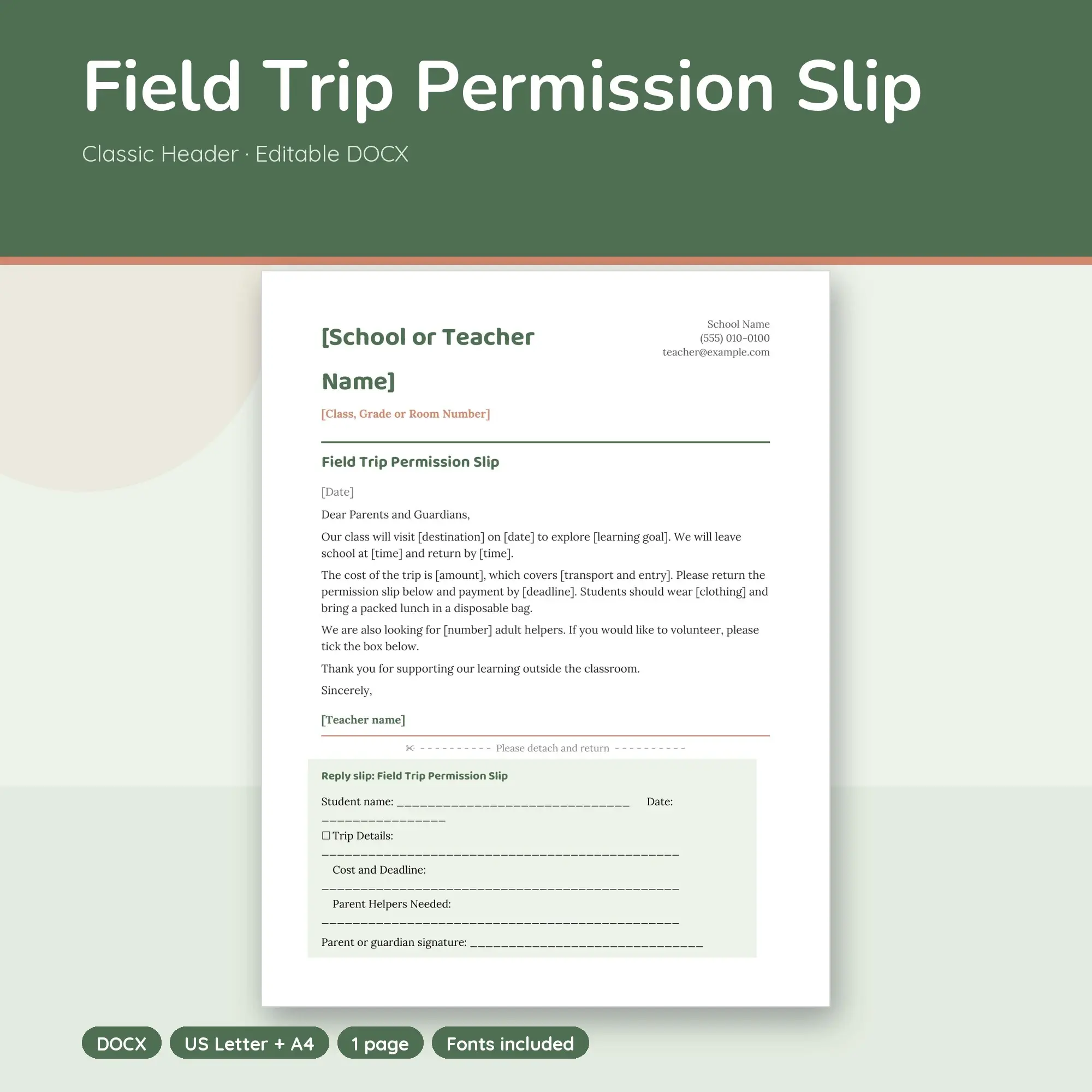 Field Trip Permission Slip Template, Classic Header (DOCX) preview