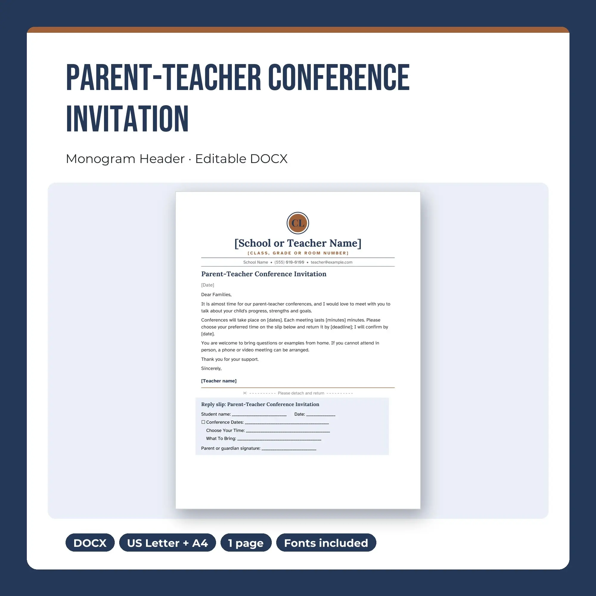Parent-Teacher Conference Invitation Template, Monogram Header (DOCX) preview