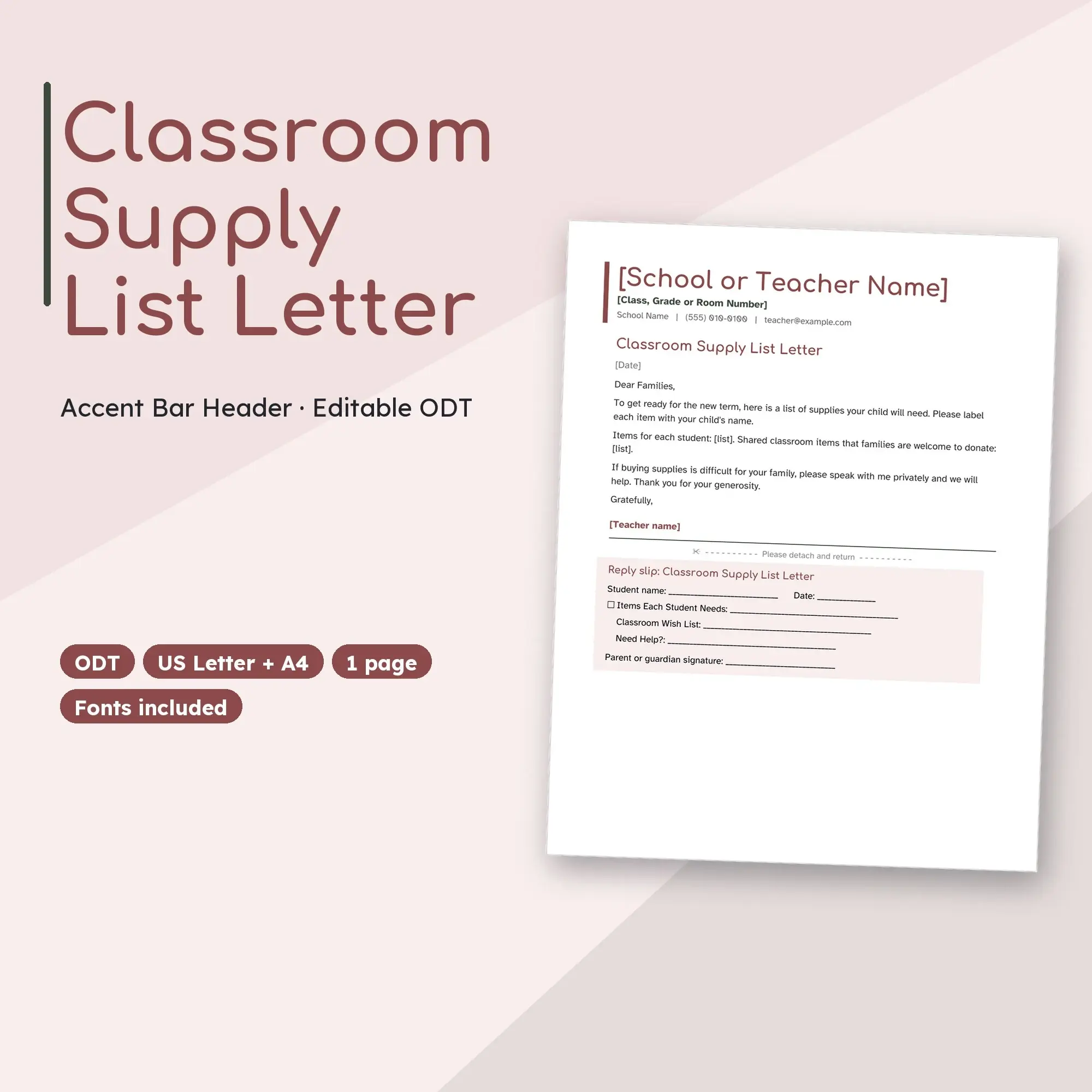 Classroom Supply List Letter Template, Accent Bar Header (ODT) preview