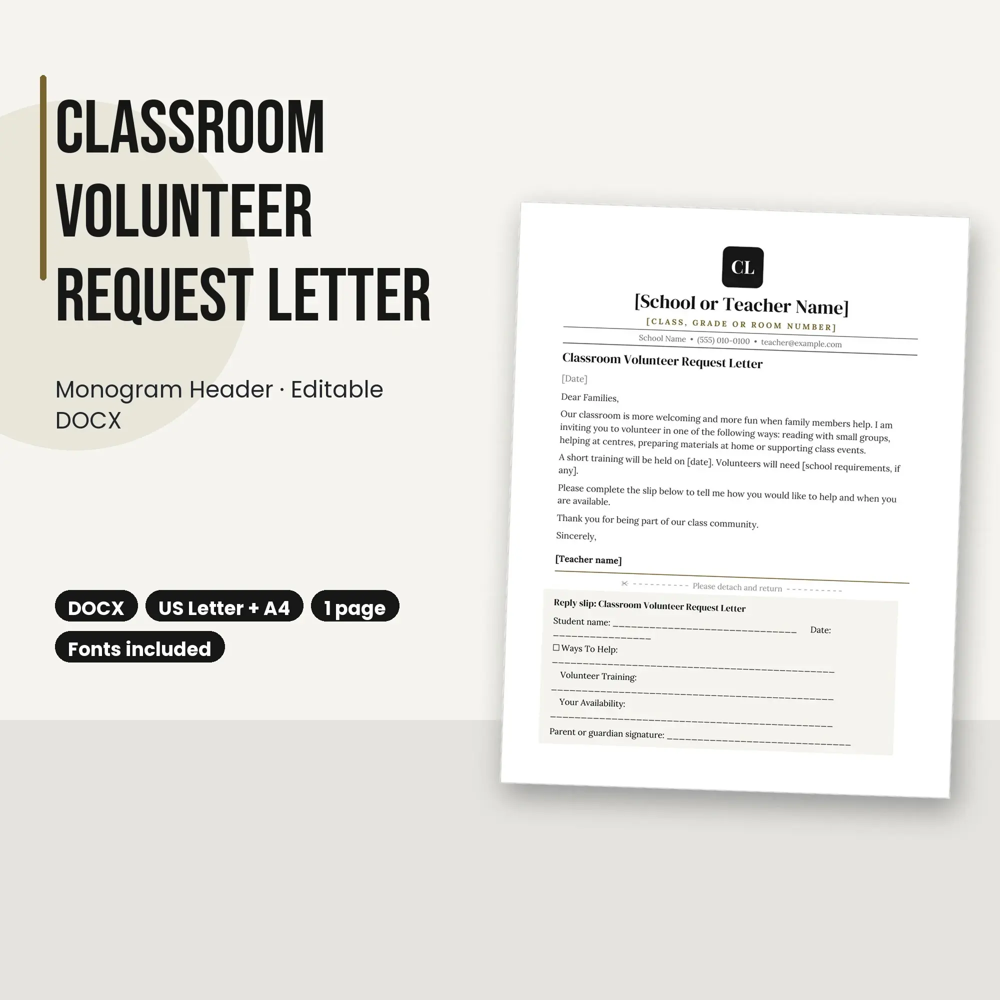 Classroom Volunteer Request Letter Template, Monogram Header (DOCX) preview