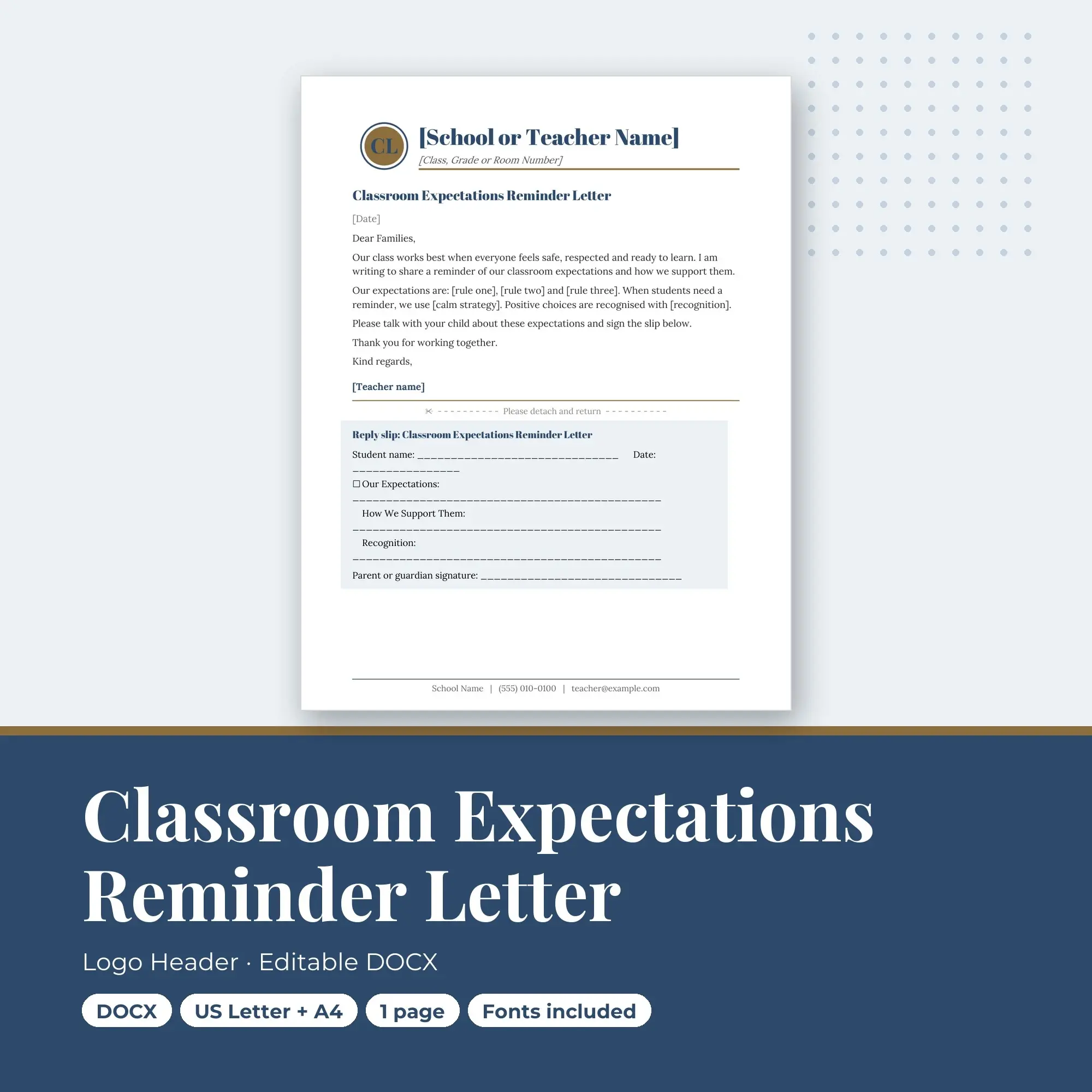 Classroom Expectations Reminder Letter Template, Logo Header (DOCX) preview