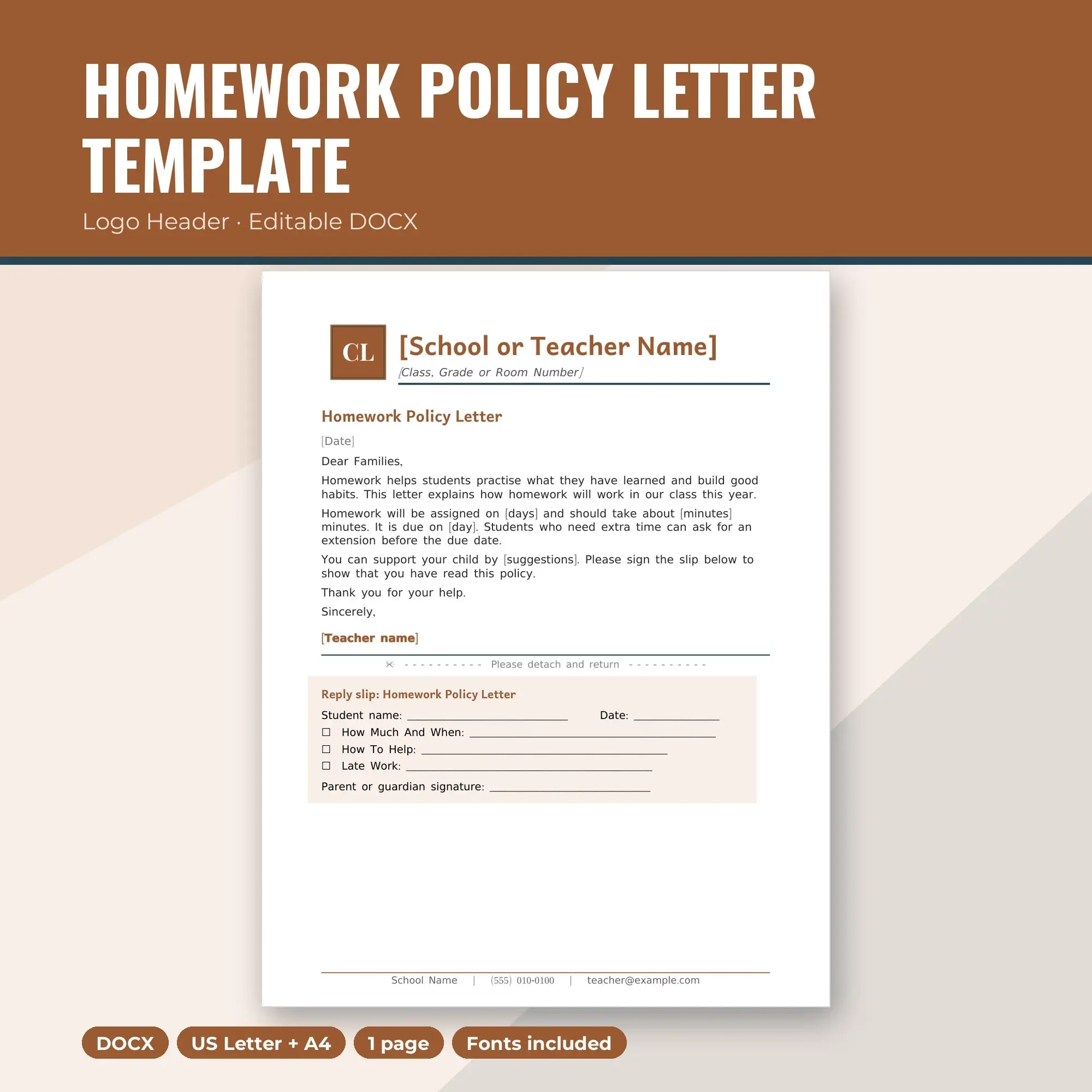 Homework Policy Letter Template, Logo Header (DOCX) preview
