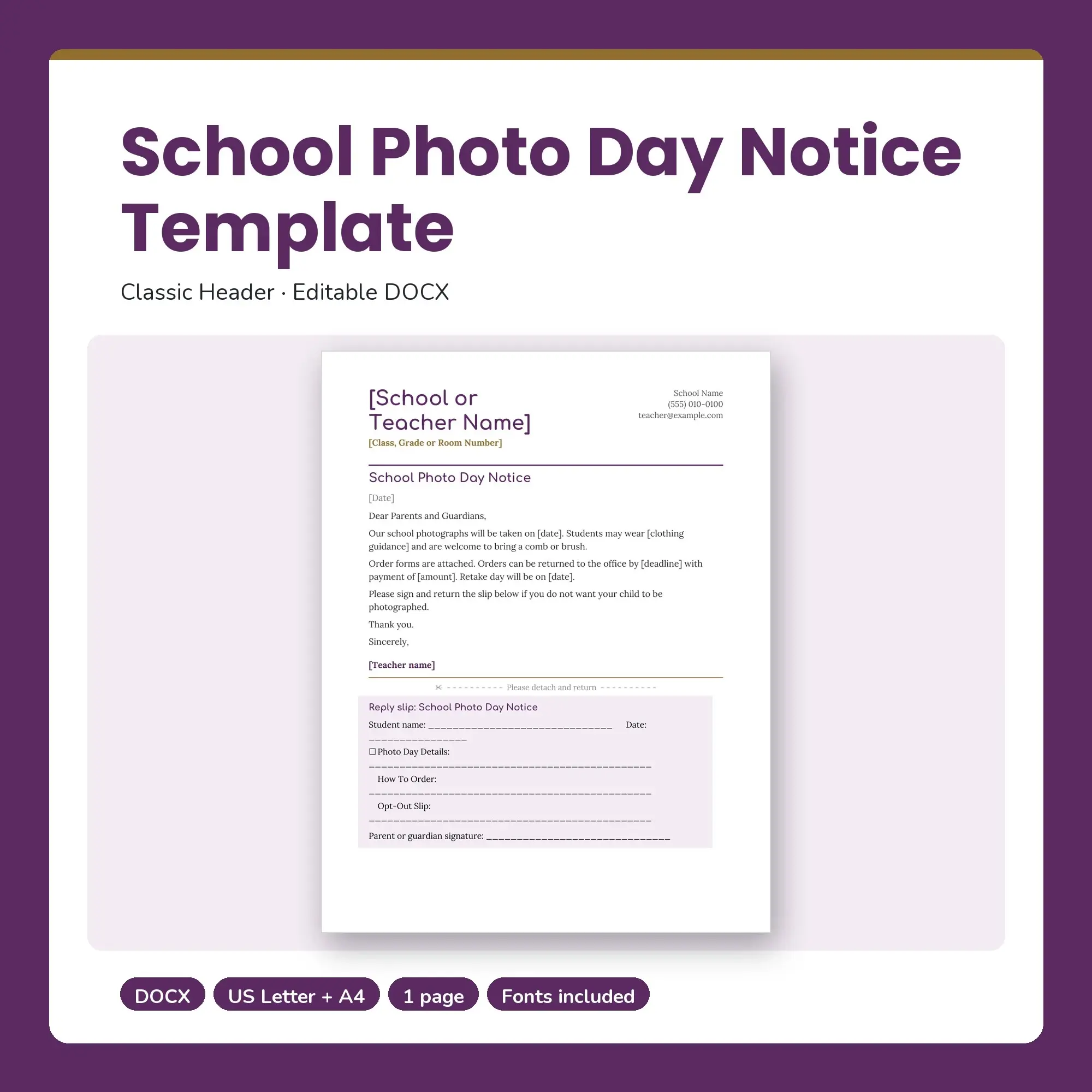 School Photo Day Notice Template, Classic Header (DOCX) preview