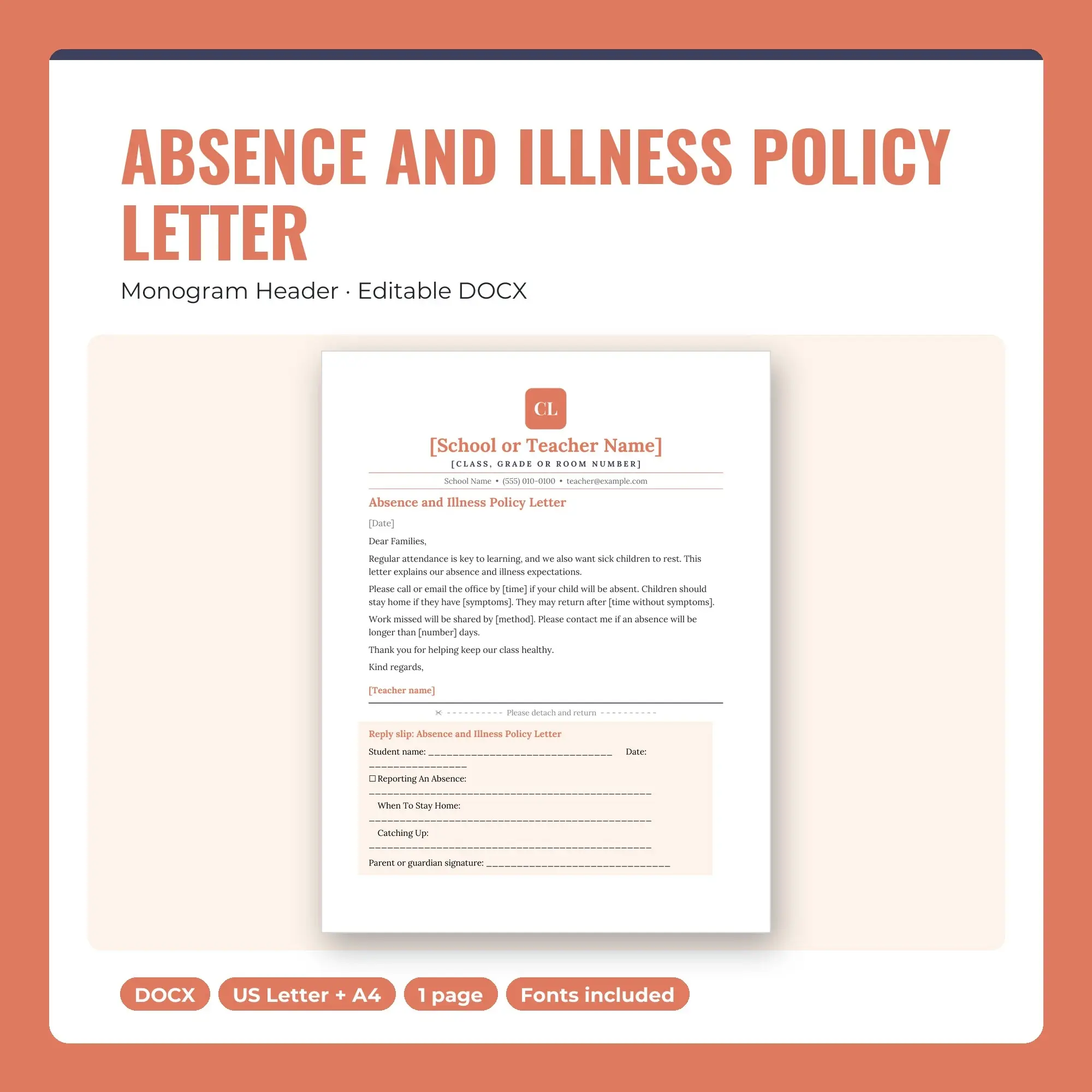 Absence and Illness Policy Letter Template, Monogram Header (DOCX) preview