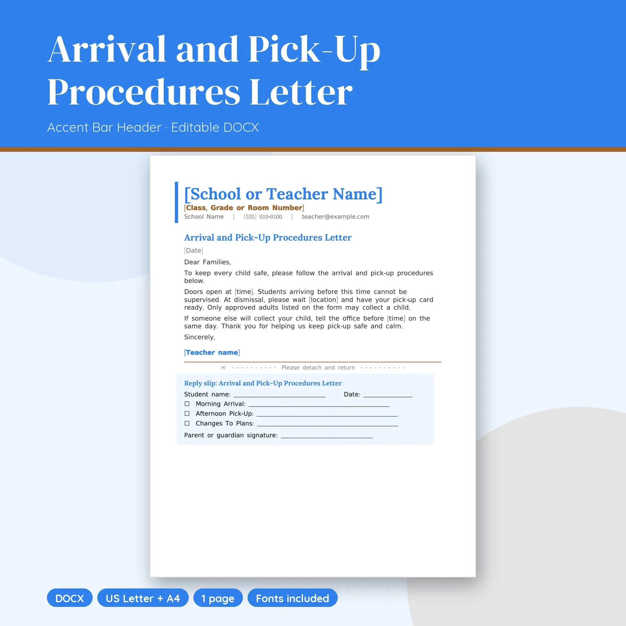 Arrival and Pick-Up Procedures Letter Template, Accent Bar Header (DOCX) preview