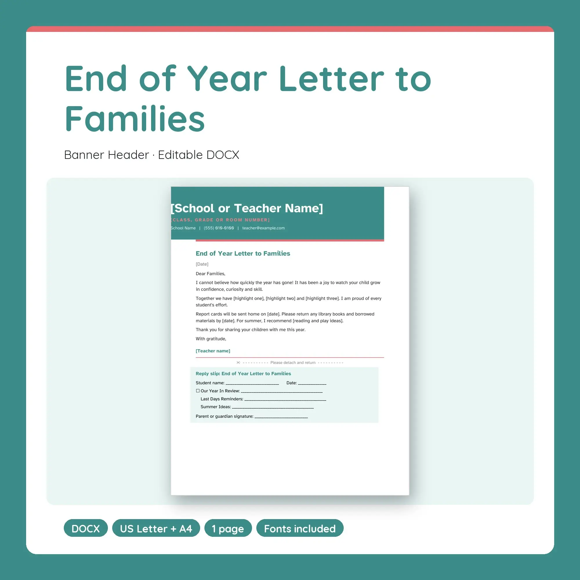 End of Year Letter to Families Template, Banner Header (DOCX) preview