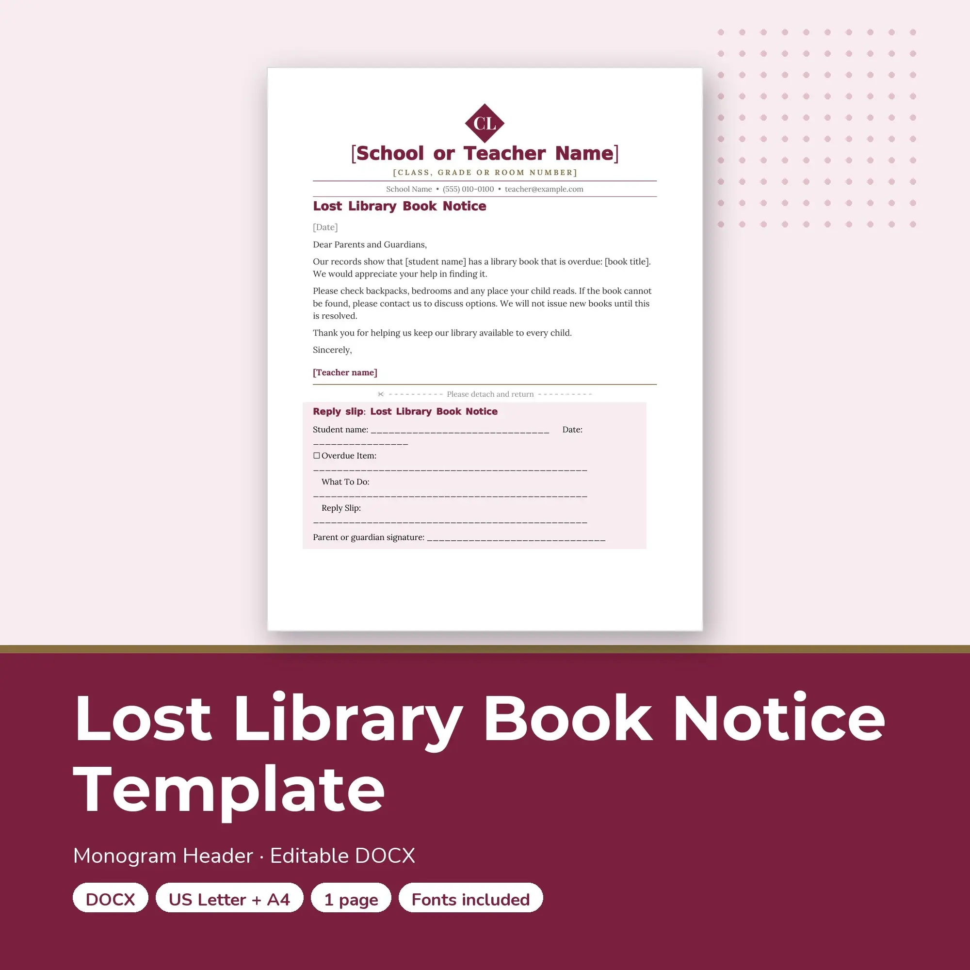 Lost Library Book Notice Template, Monogram Header (DOCX) preview