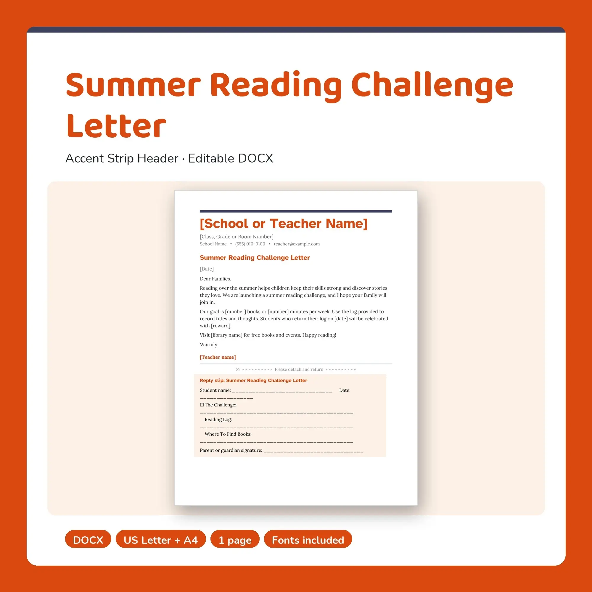 Summer Reading Challenge Letter Template, Accent Strip Header (DOCX) preview