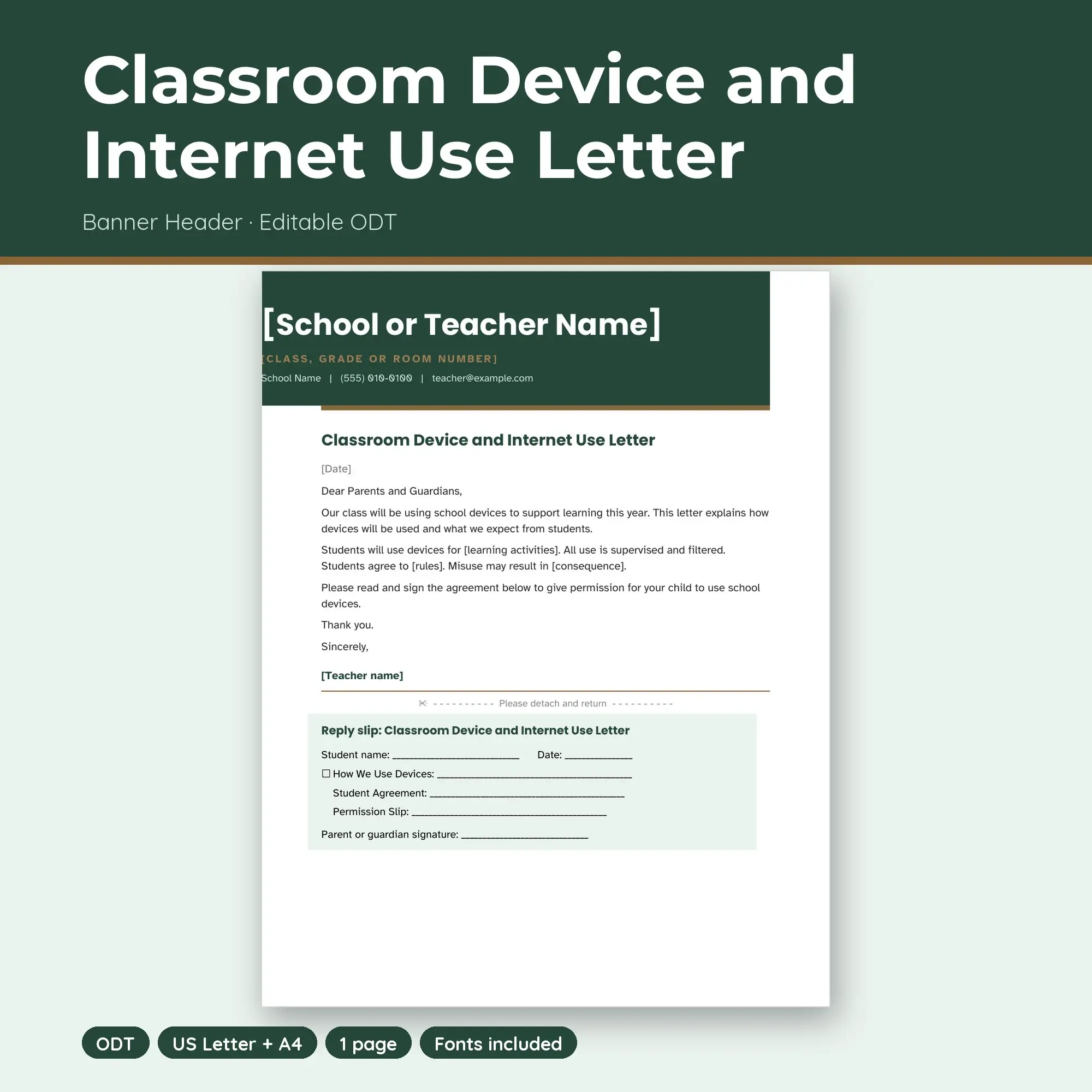 Classroom Device and Internet Use Letter Template, Banner Header (ODT) preview