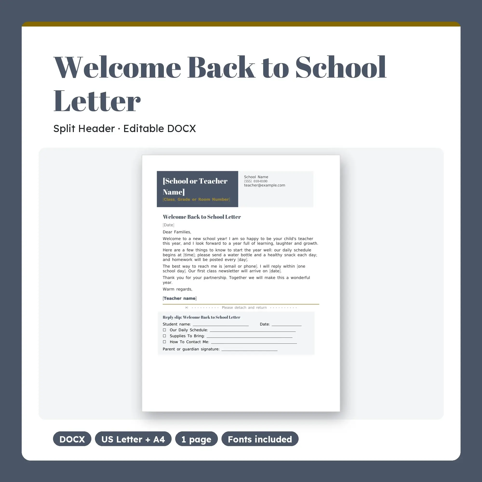 Welcome Back to School Letter Template, Split Header (DOCX) preview