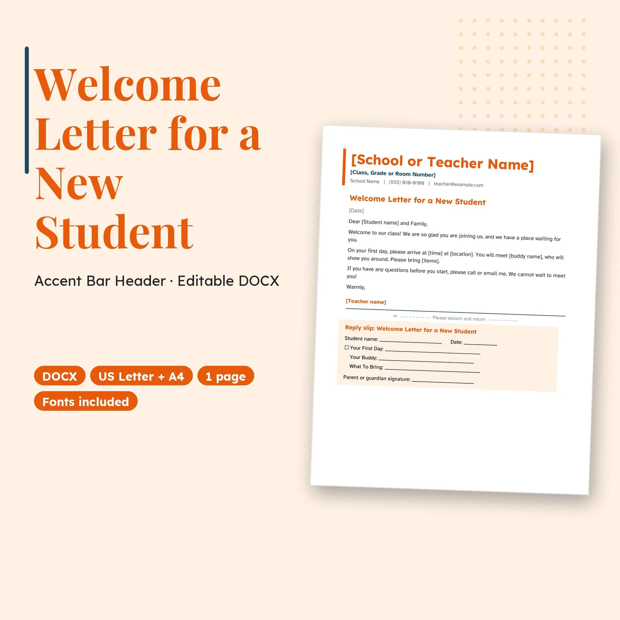 Welcome Letter for a New Student Template, Accent Bar Header (DOCX) preview