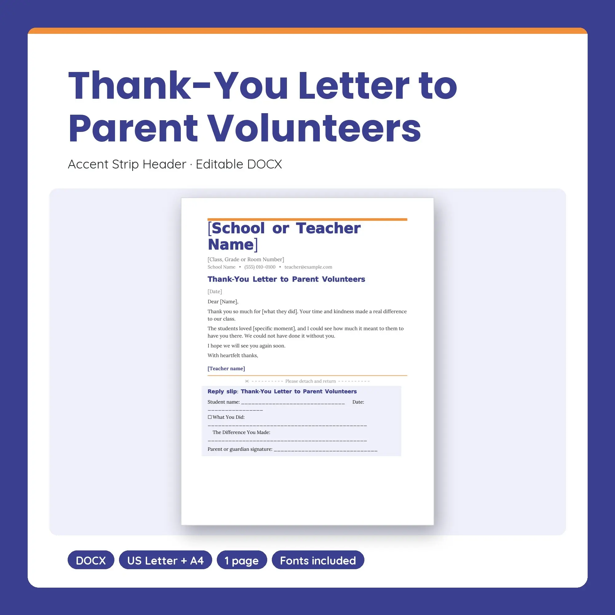 Thank-You Letter to Parent Volunteers Template, Accent Strip Header (DOCX) preview