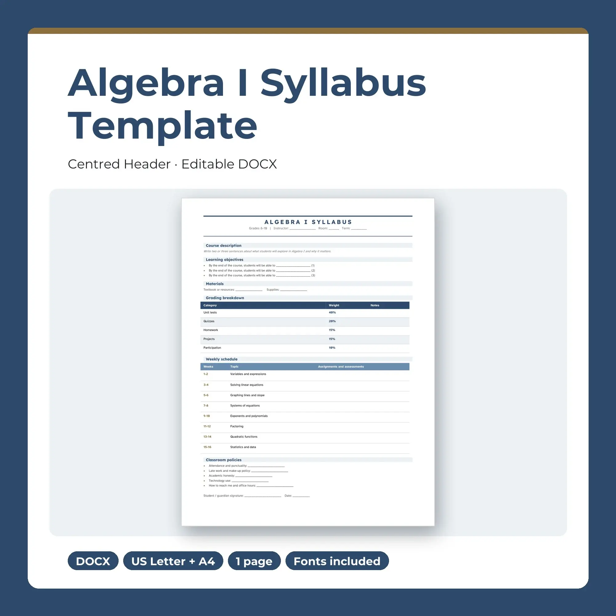 Algebra I Syllabus Template, Centred Header (DOCX) preview