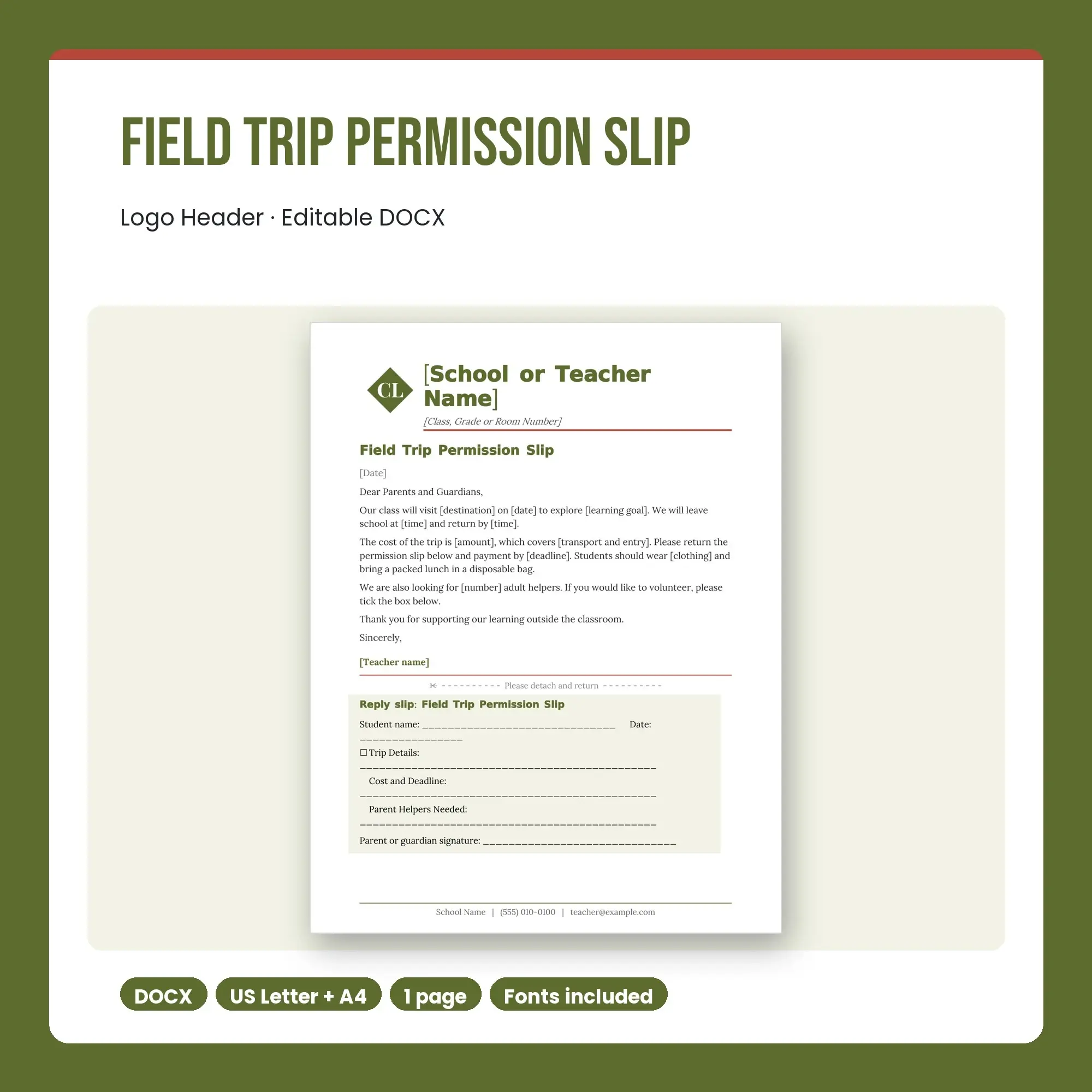 Field Trip Permission Slip Template, Logo Header (DOCX) preview