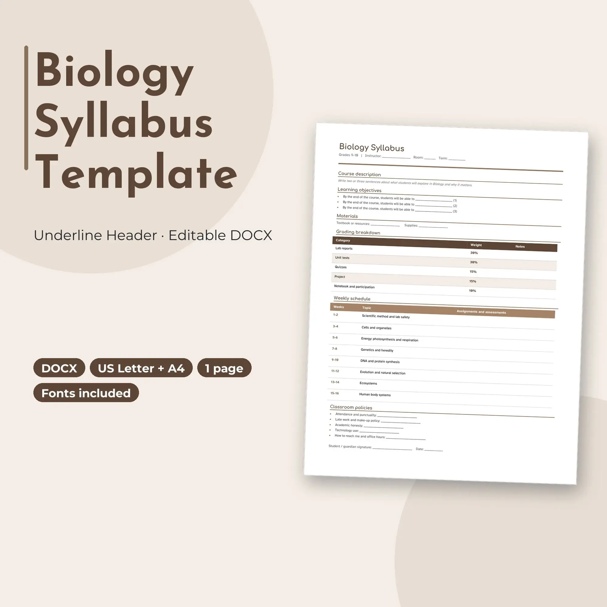 Biology Syllabus Template, Underline Header (DOCX) preview