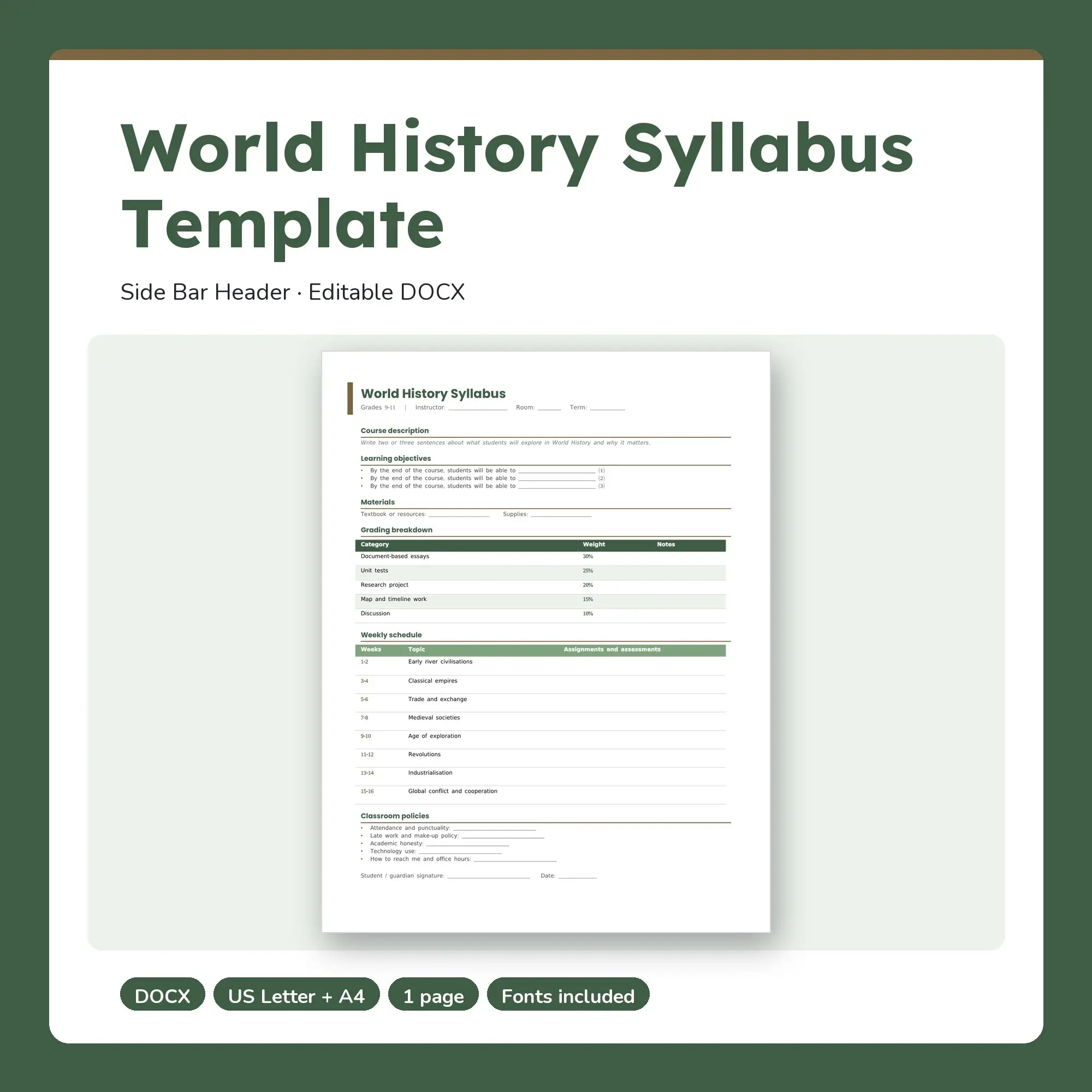 World History Syllabus Template, Side Bar Header (DOCX) preview