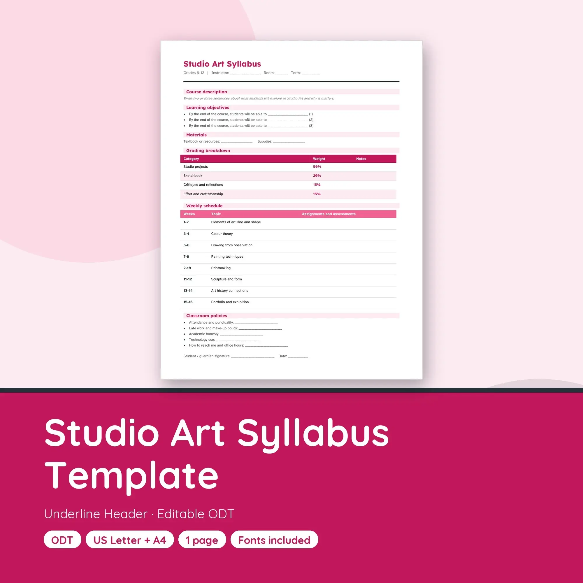 Studio Art Syllabus Template, Underline Header (ODT) preview