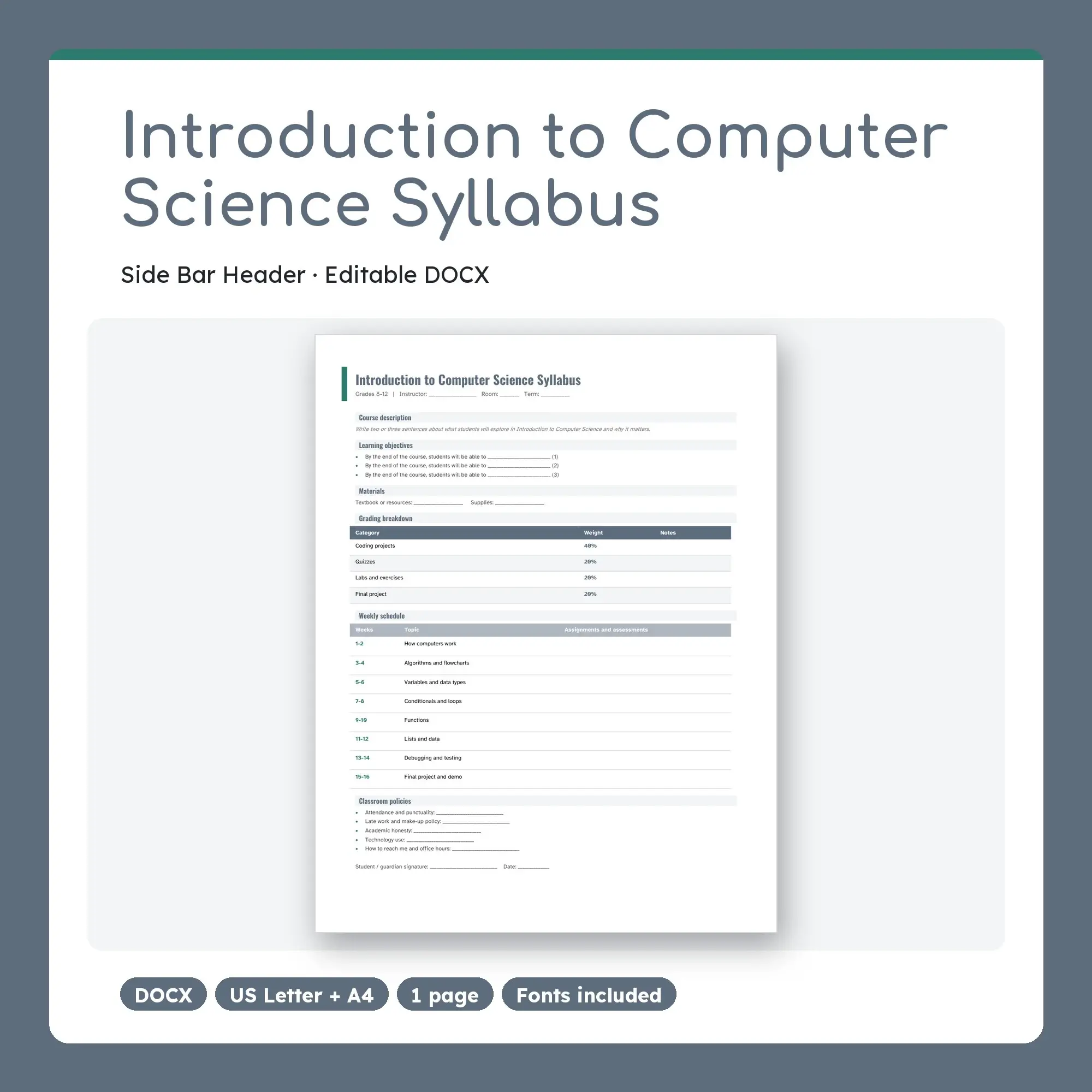Introduction to Computer Science Syllabus Template, Side Bar Header (DOCX) preview