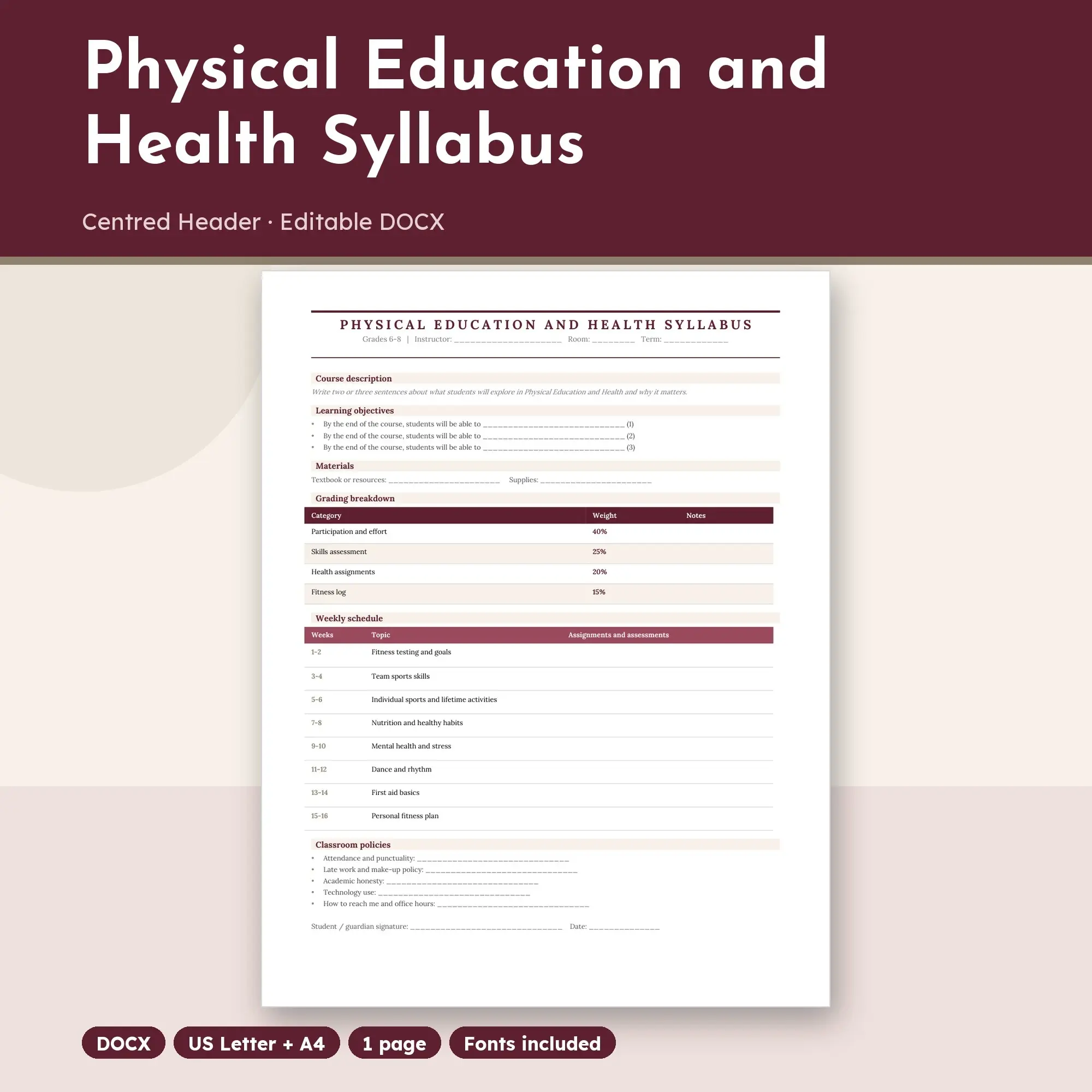 Physical Education and Health Syllabus Template, Centred Header (DOCX) preview