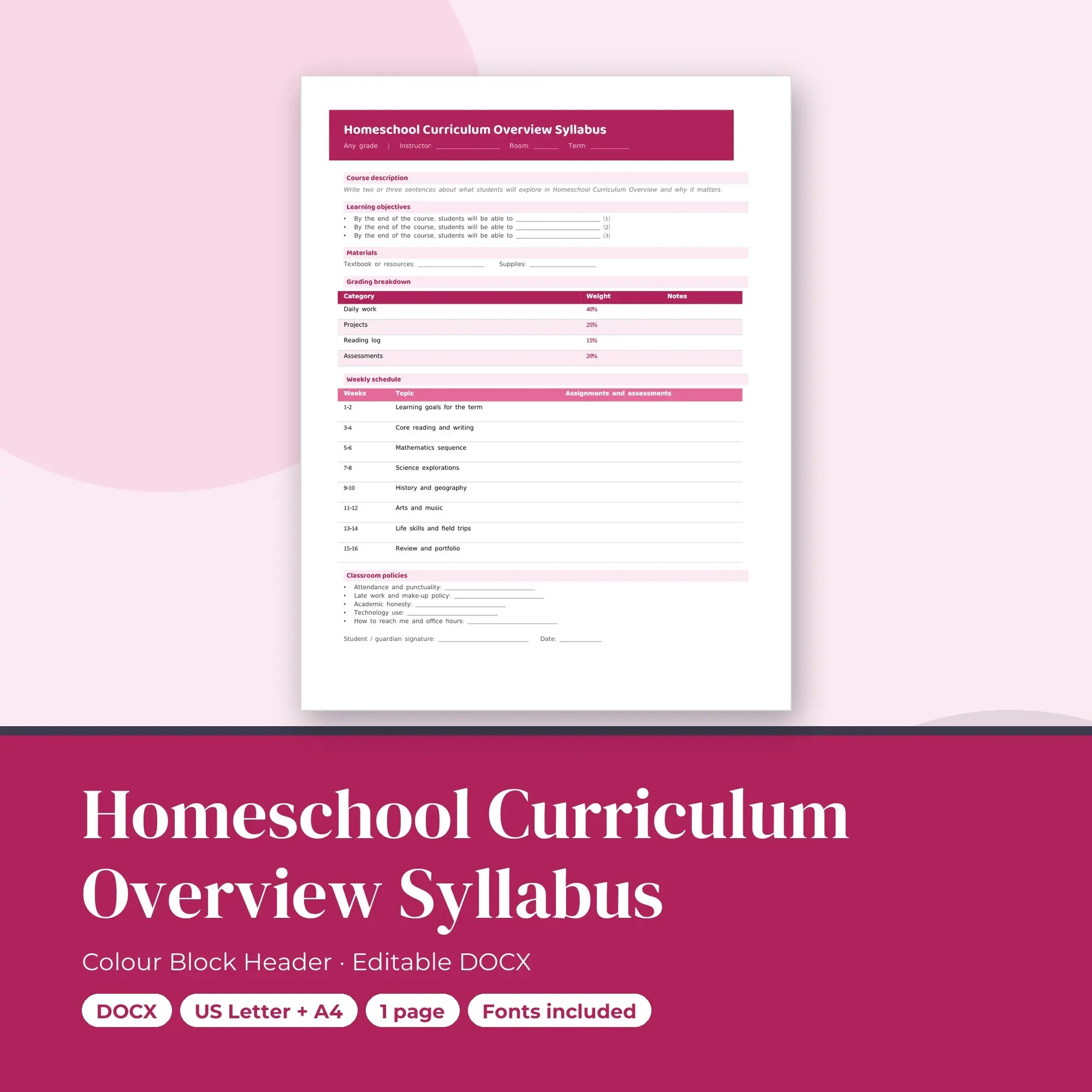 Homeschool Curriculum Overview Syllabus Template, Colour Block Header (DOCX) preview