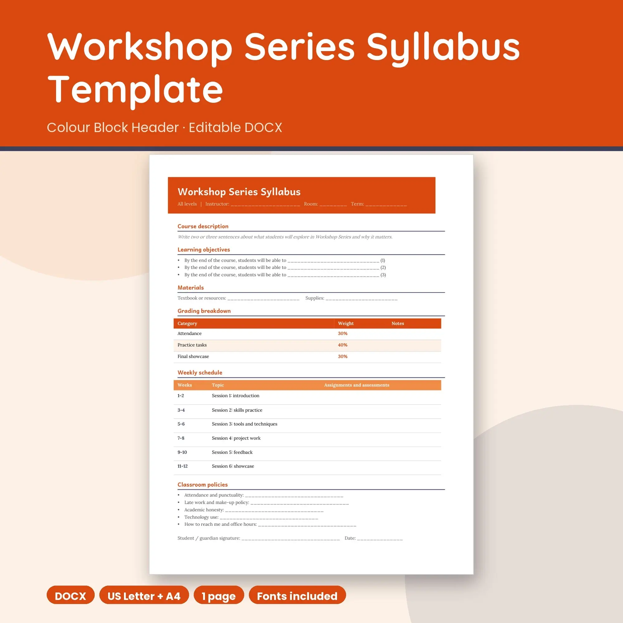 Workshop Series Syllabus Template, Colour Block Header (DOCX) preview