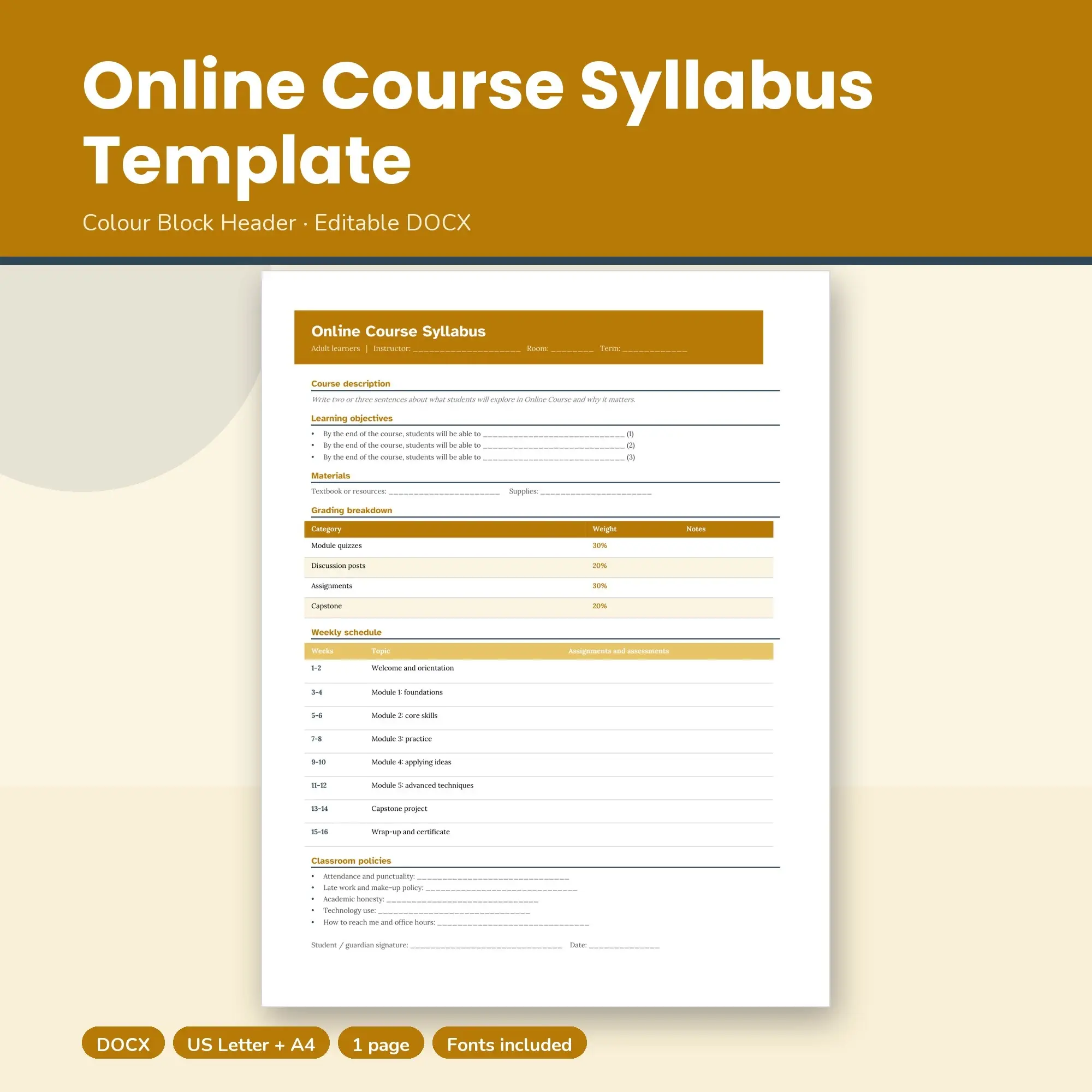 Online Course Syllabus Template, Colour Block Header (DOCX) preview