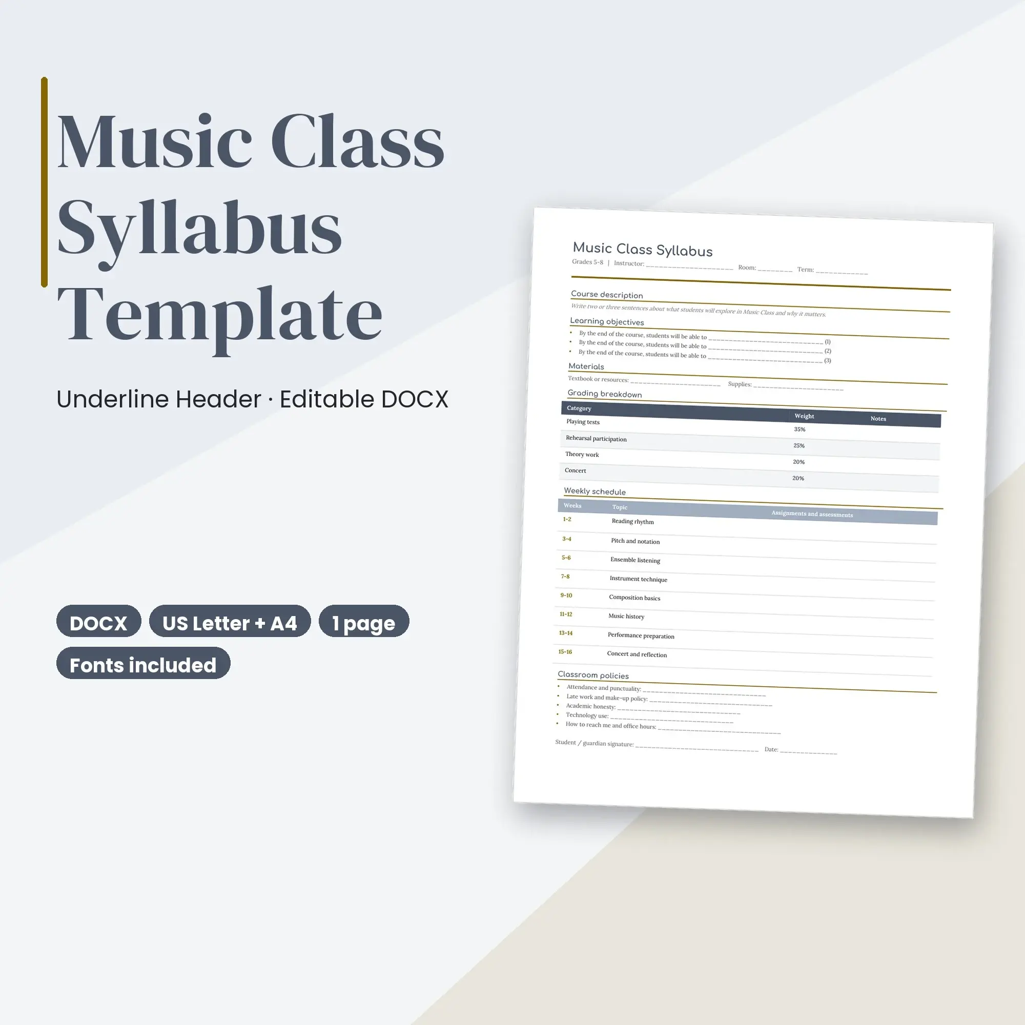 Music Class Syllabus Template, Underline Header (DOCX) preview