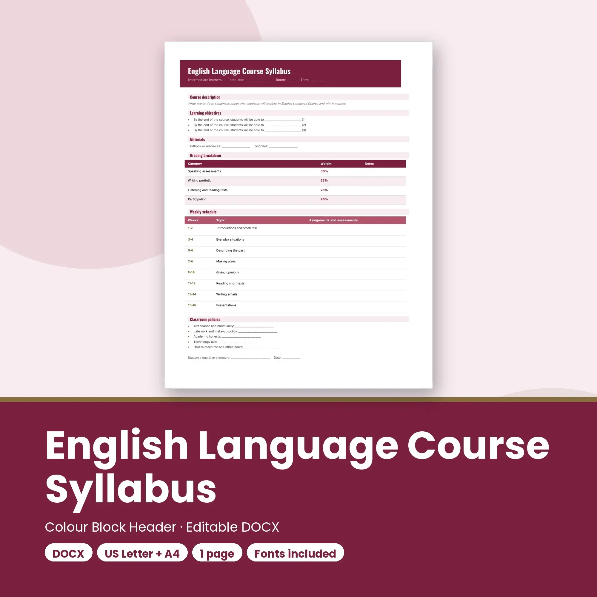 English Language Course Syllabus Template, Colour Block Header (DOCX) preview