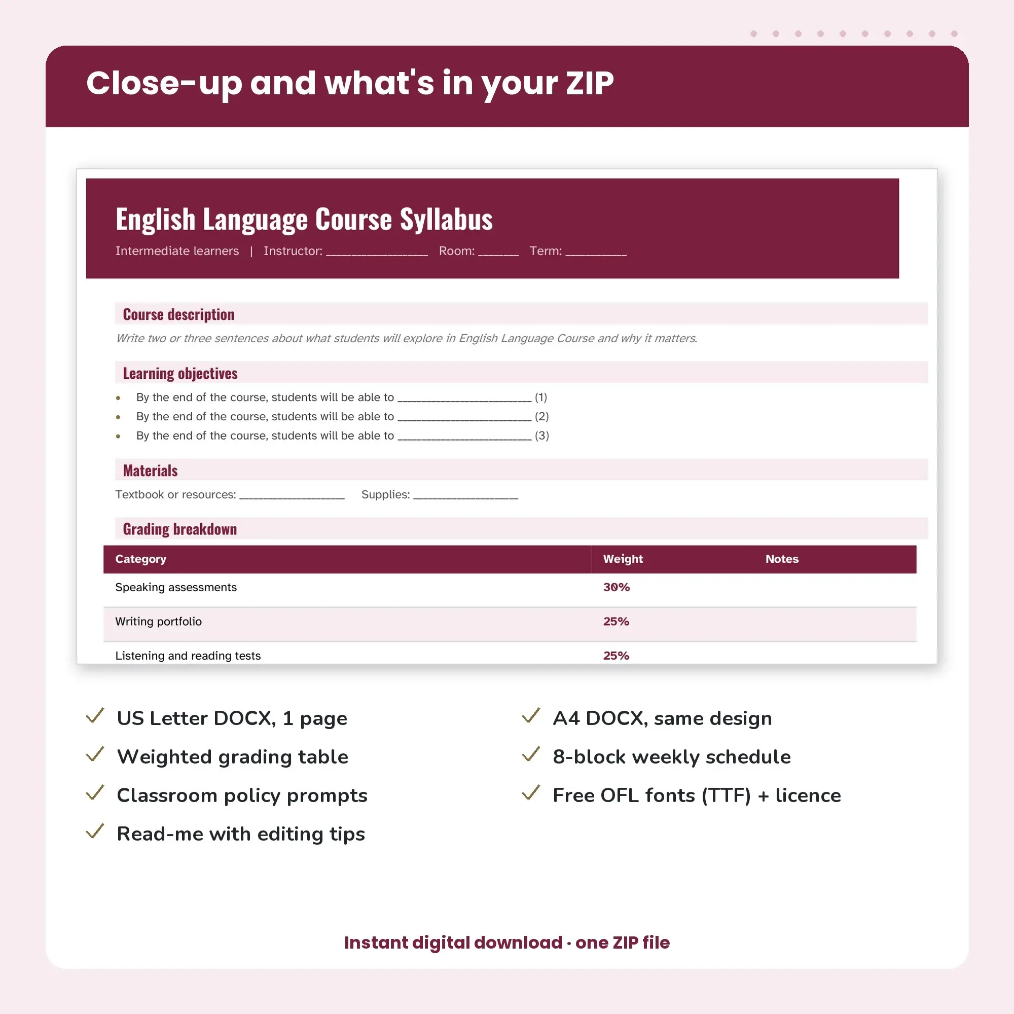 English Language Course Syllabus Template, Colour Block Header (DOCX), preview 2 of 2