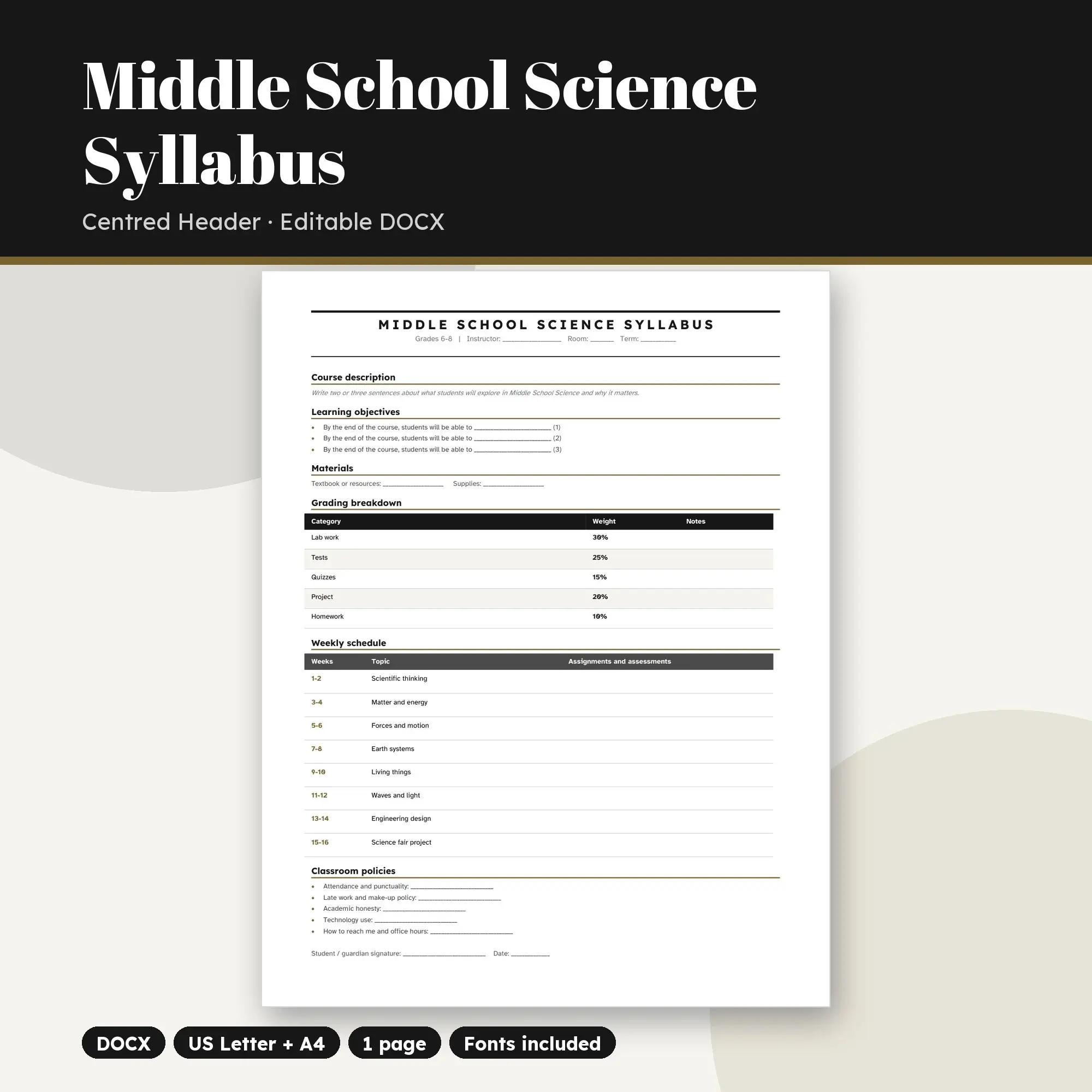 Middle School Science Syllabus Template, Centred Header (DOCX) preview