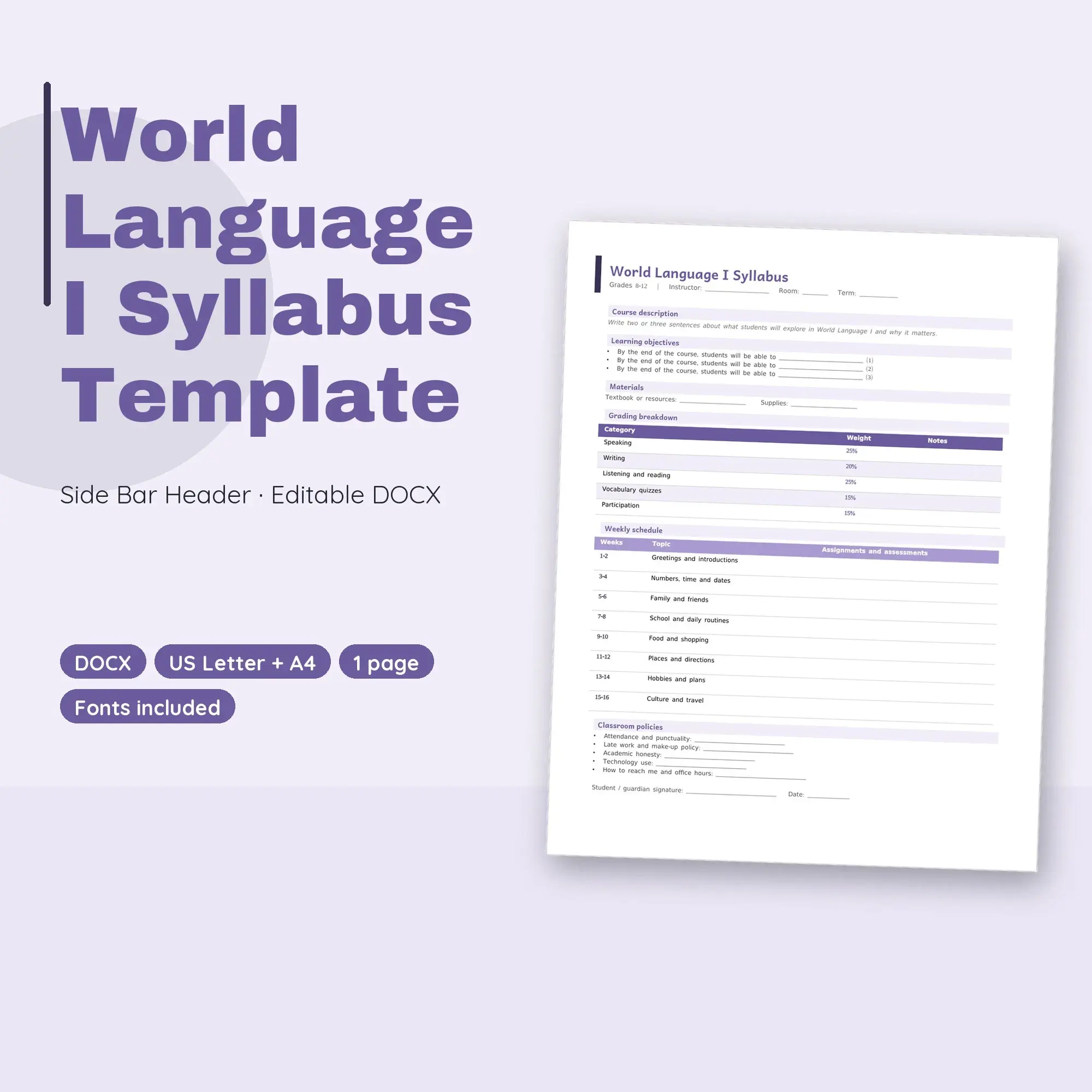 World Language I Syllabus Template, Side Bar Header (DOCX) preview