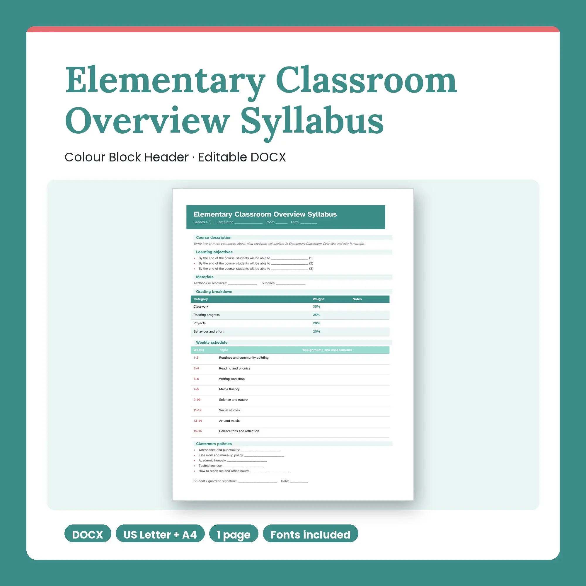 Elementary Classroom Overview Syllabus Template, Colour Block Header (DOCX) preview