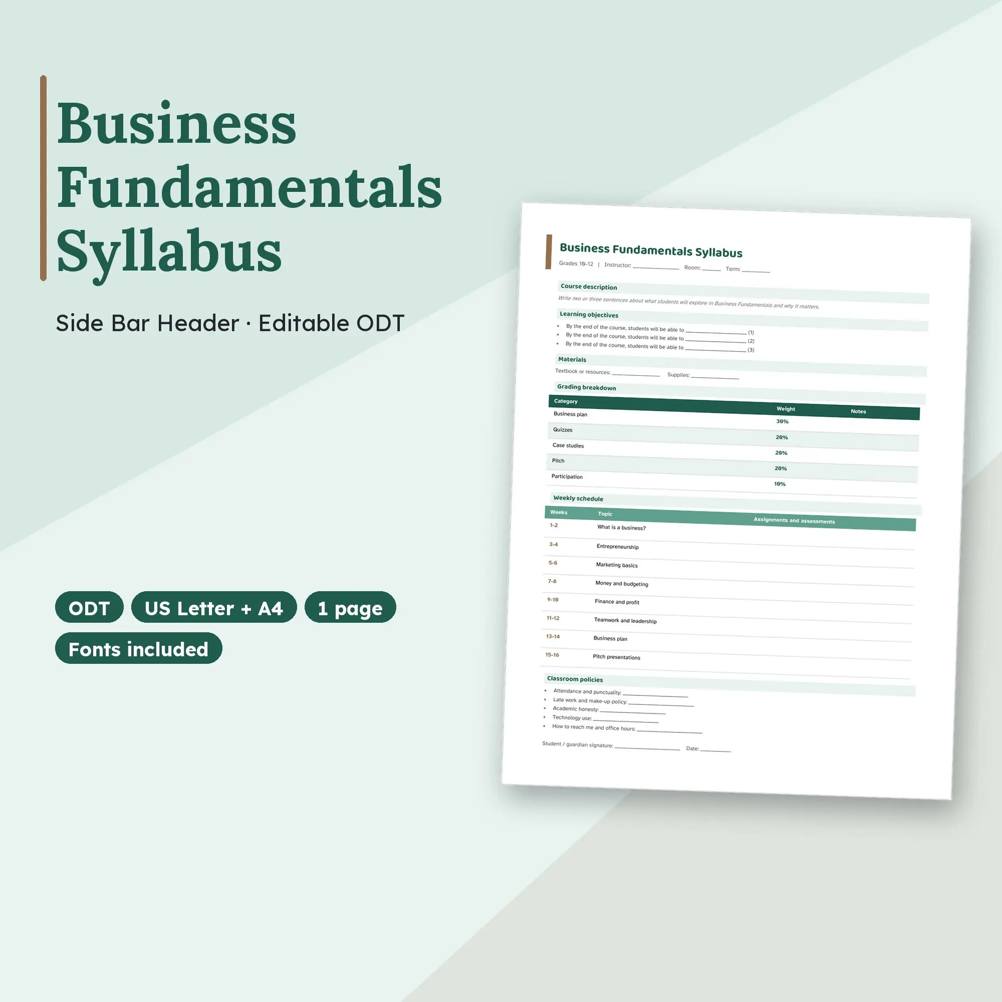 Business Fundamentals Syllabus Template, Side Bar Header (ODT) preview