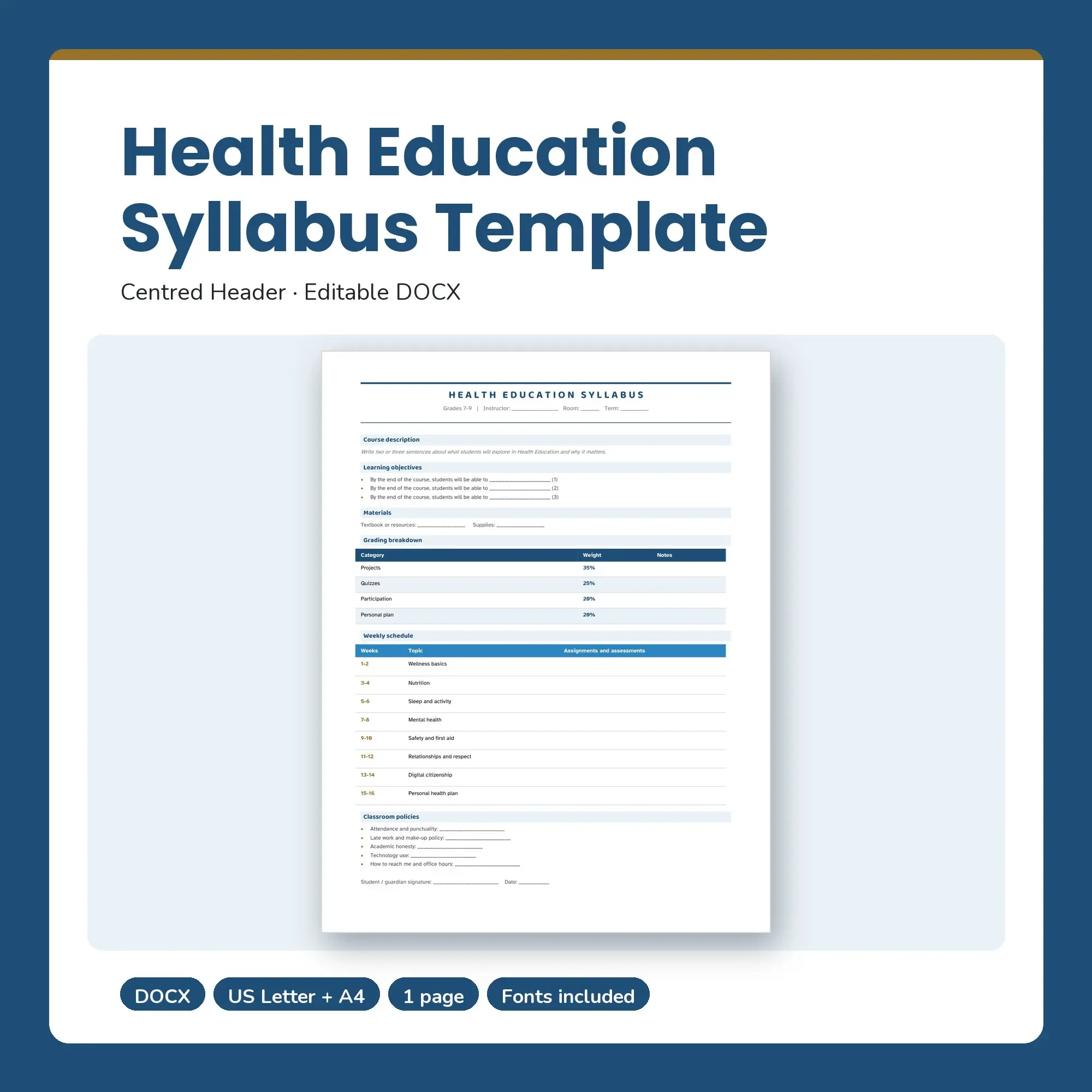 Health Education Syllabus Template, Centred Header (DOCX) preview