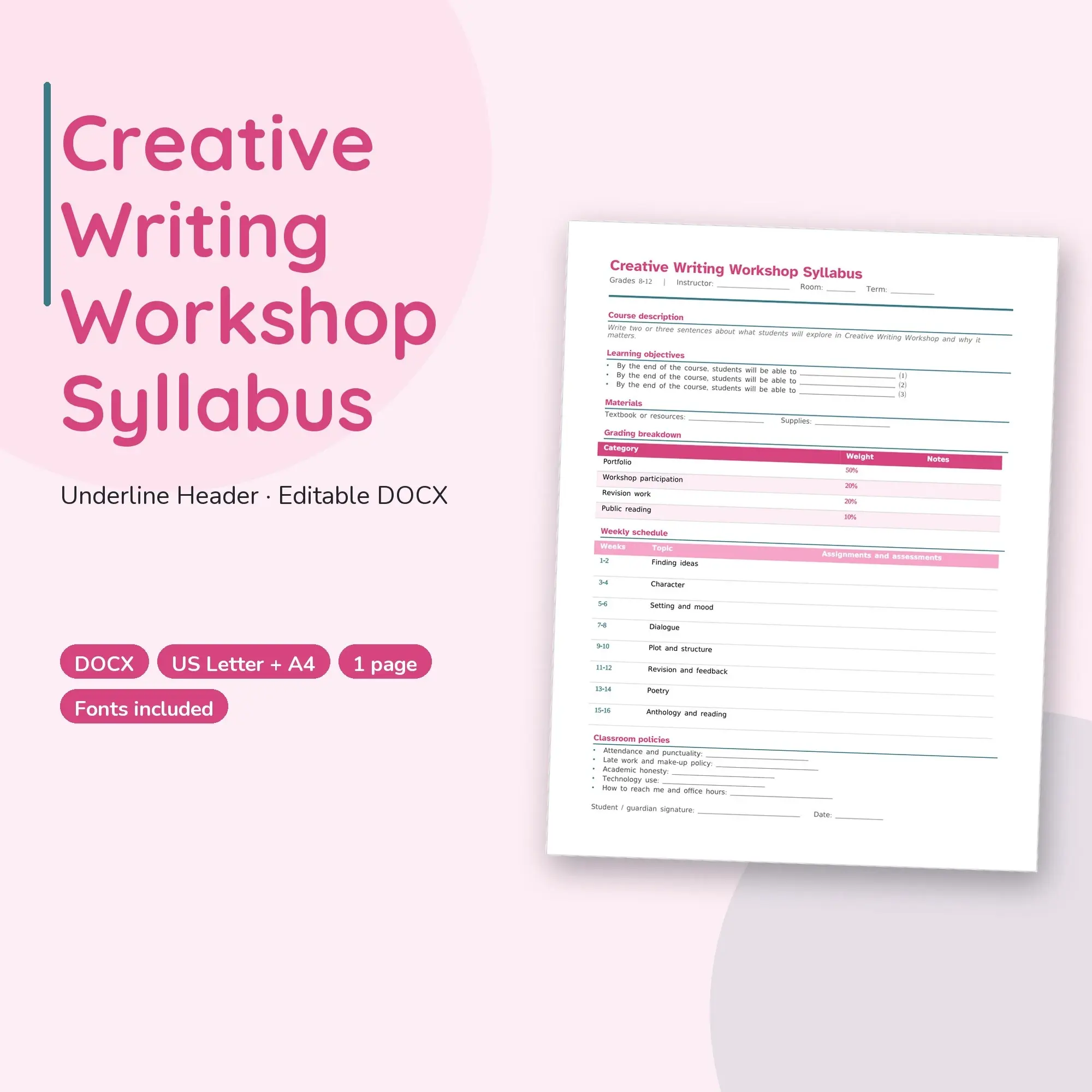 Creative Writing Workshop Syllabus Template, Underline Header (DOCX) preview