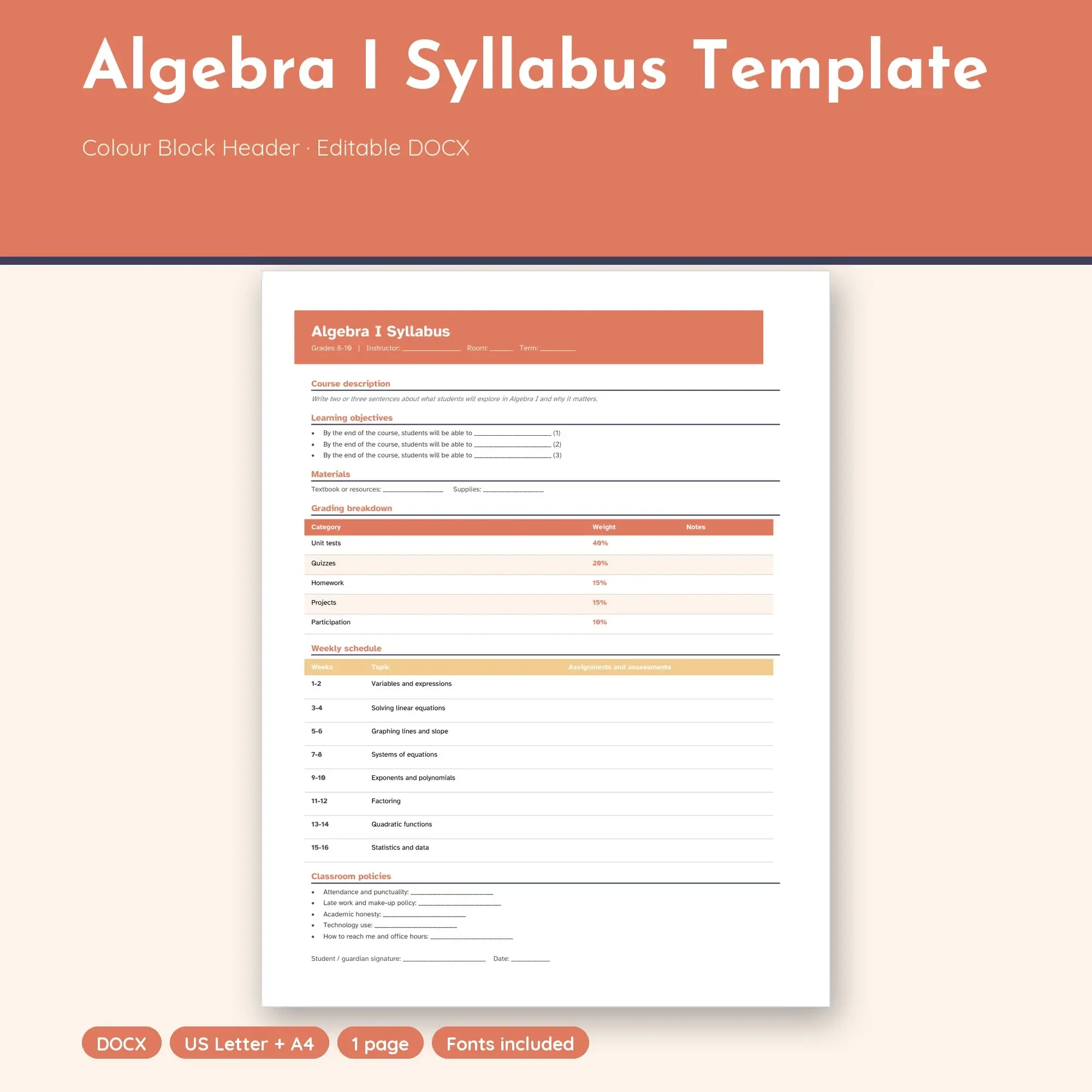 Algebra I Syllabus Template, Colour Block Header (DOCX) preview