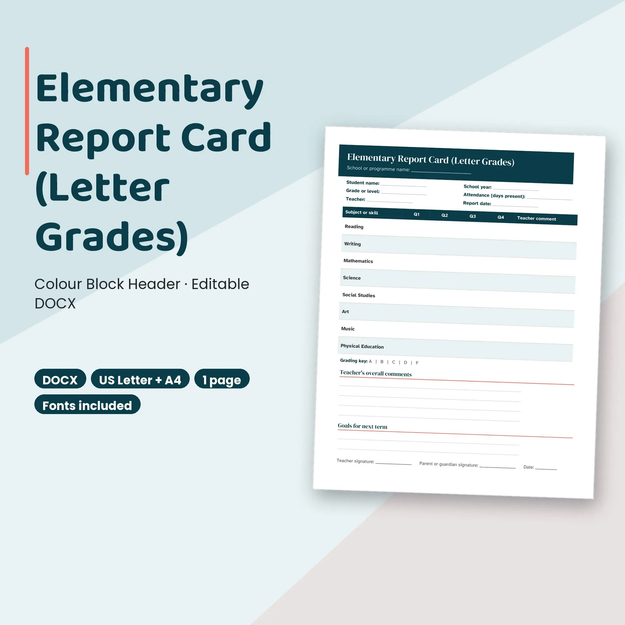 Elementary Report Card (Letter Grades) Template, Colour Block Header (DOCX) preview