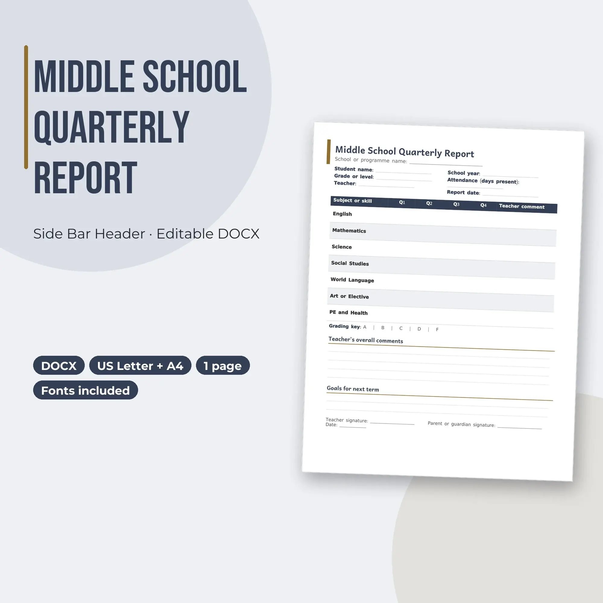 Middle School Quarterly Report Template, Side Bar Header (DOCX) preview
