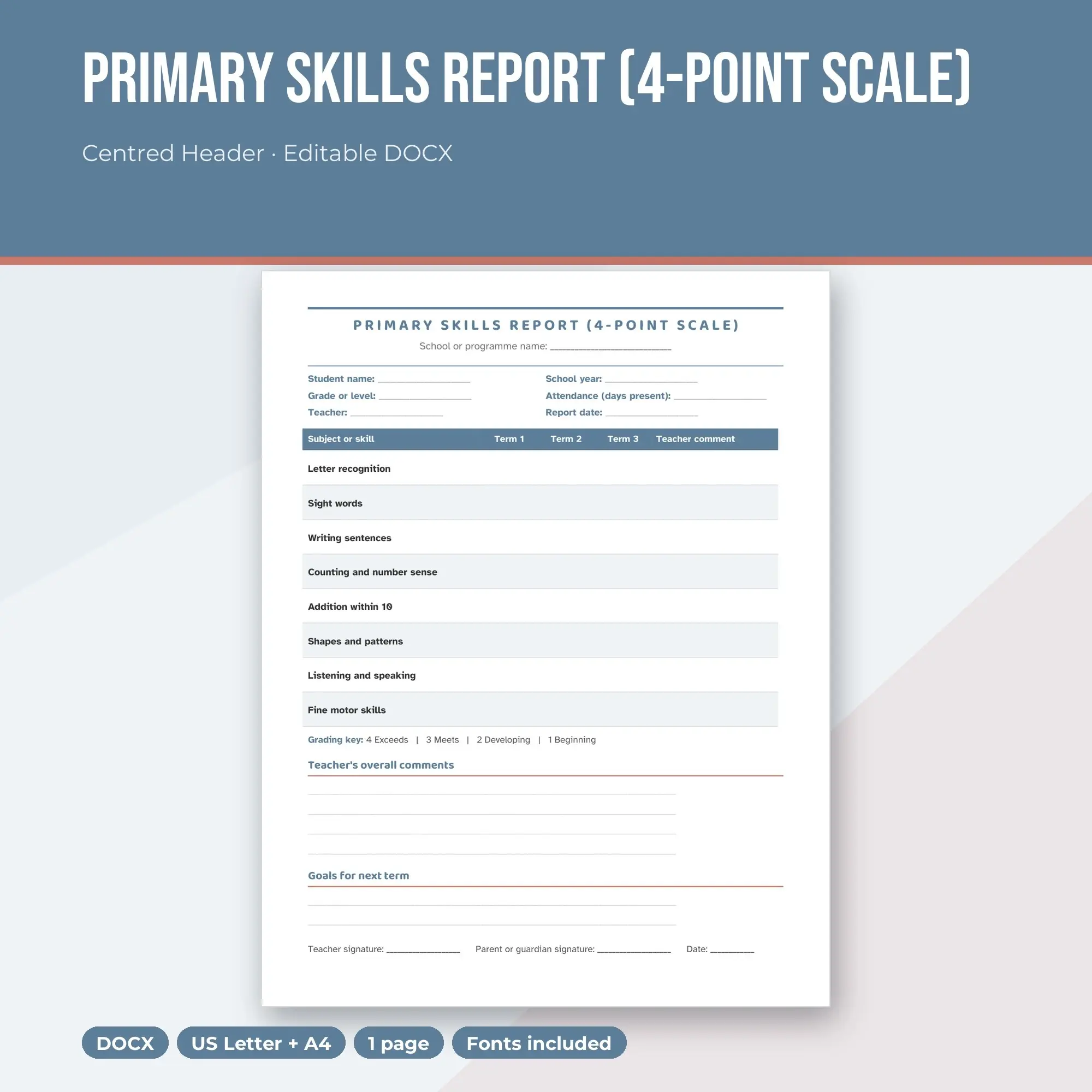 Primary Skills Report (4-Point Scale) Template, Centred Header (DOCX) preview