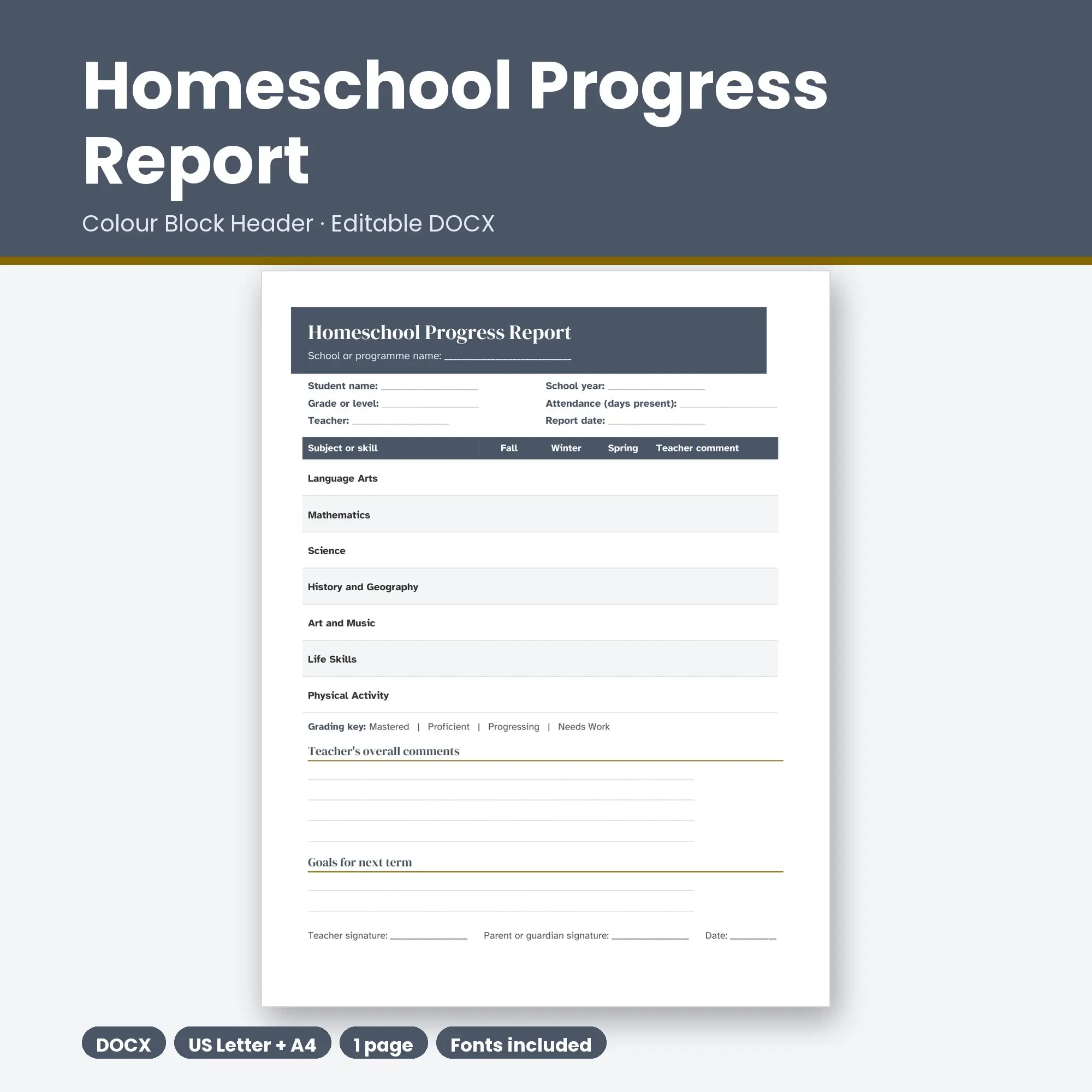 Homeschool Progress Report Template, Colour Block Header (DOCX) preview