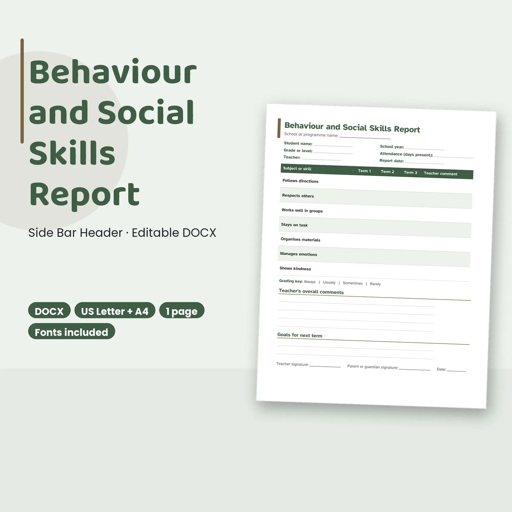 Behaviour and Social Skills Report Template, Side Bar Header (DOCX) preview