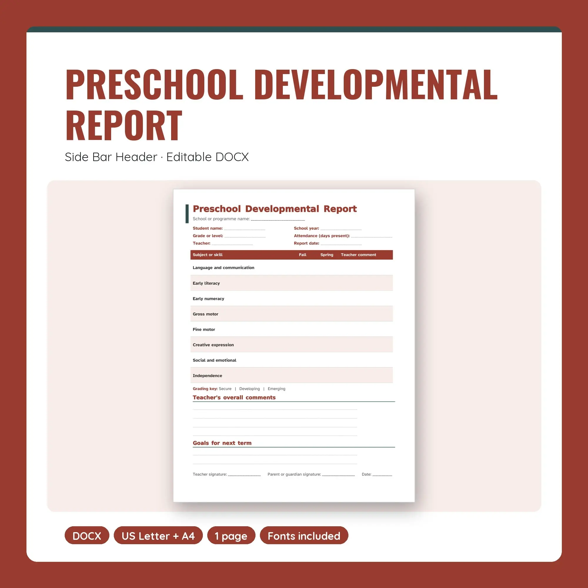 Preschool Developmental Report Template, Side Bar Header (DOCX) preview