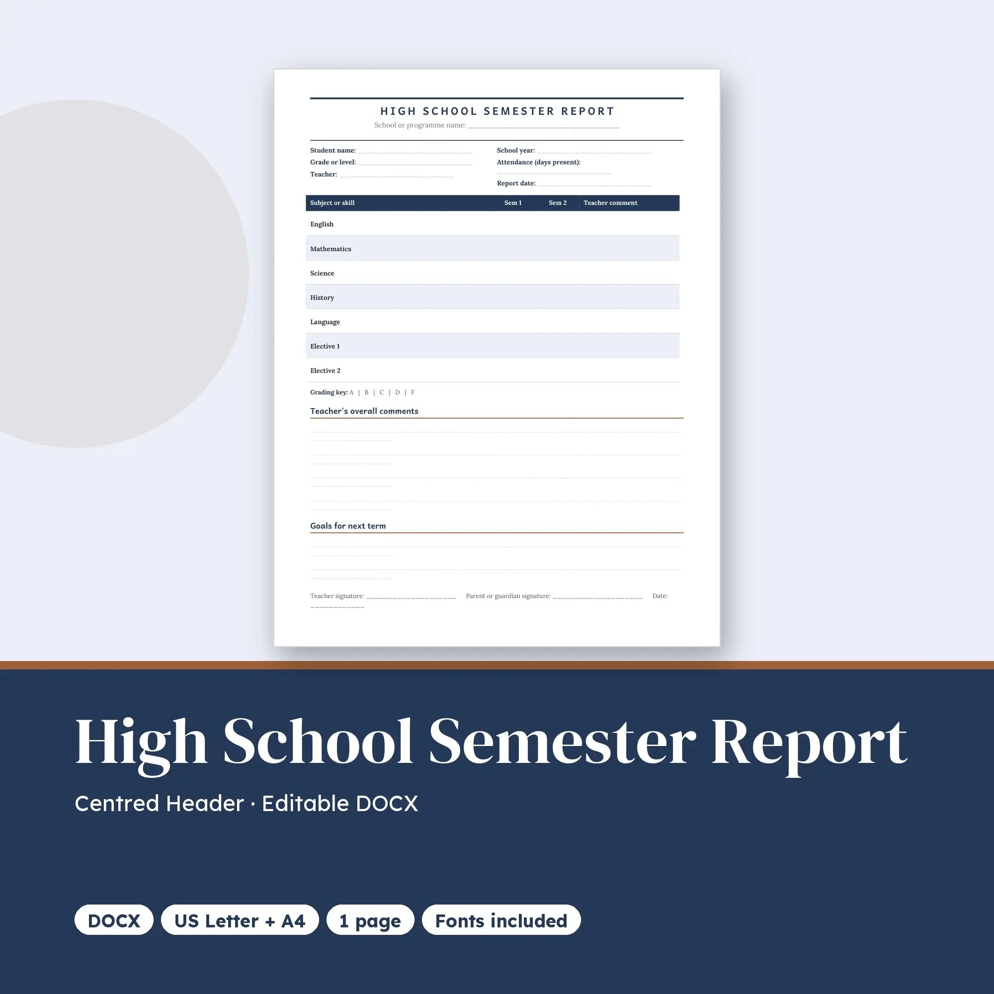High School Semester Report Template, Centred Header (DOCX) preview