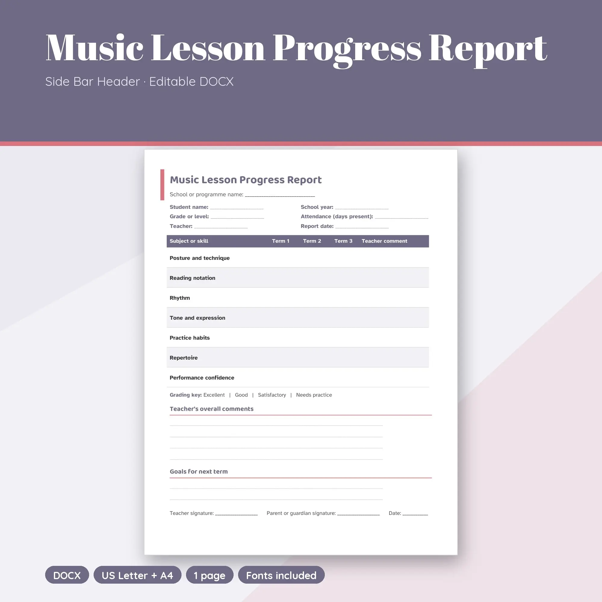 Music Lesson Progress Report Template, Side Bar Header (DOCX) preview