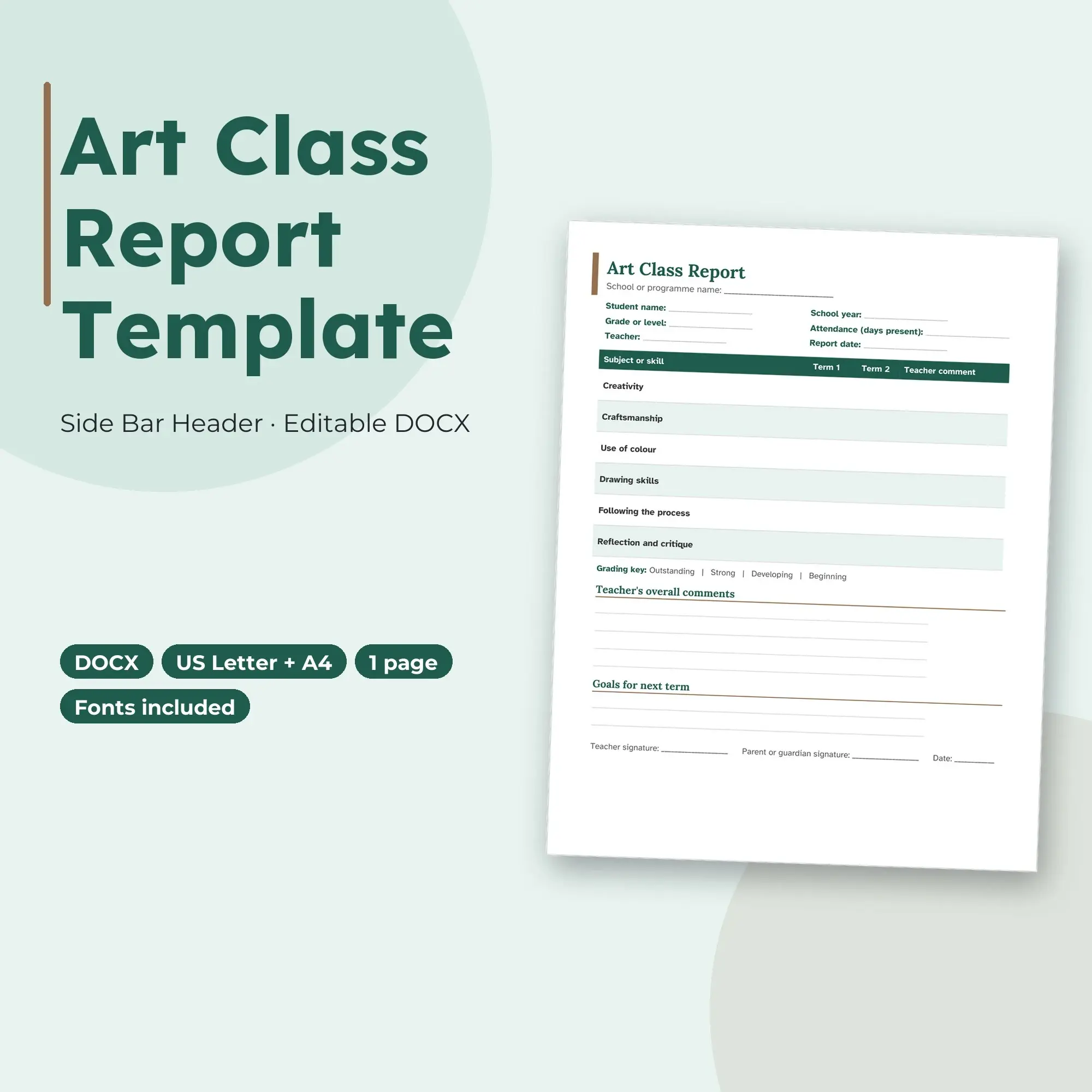 Art Class Report Template, Side Bar Header (DOCX) preview