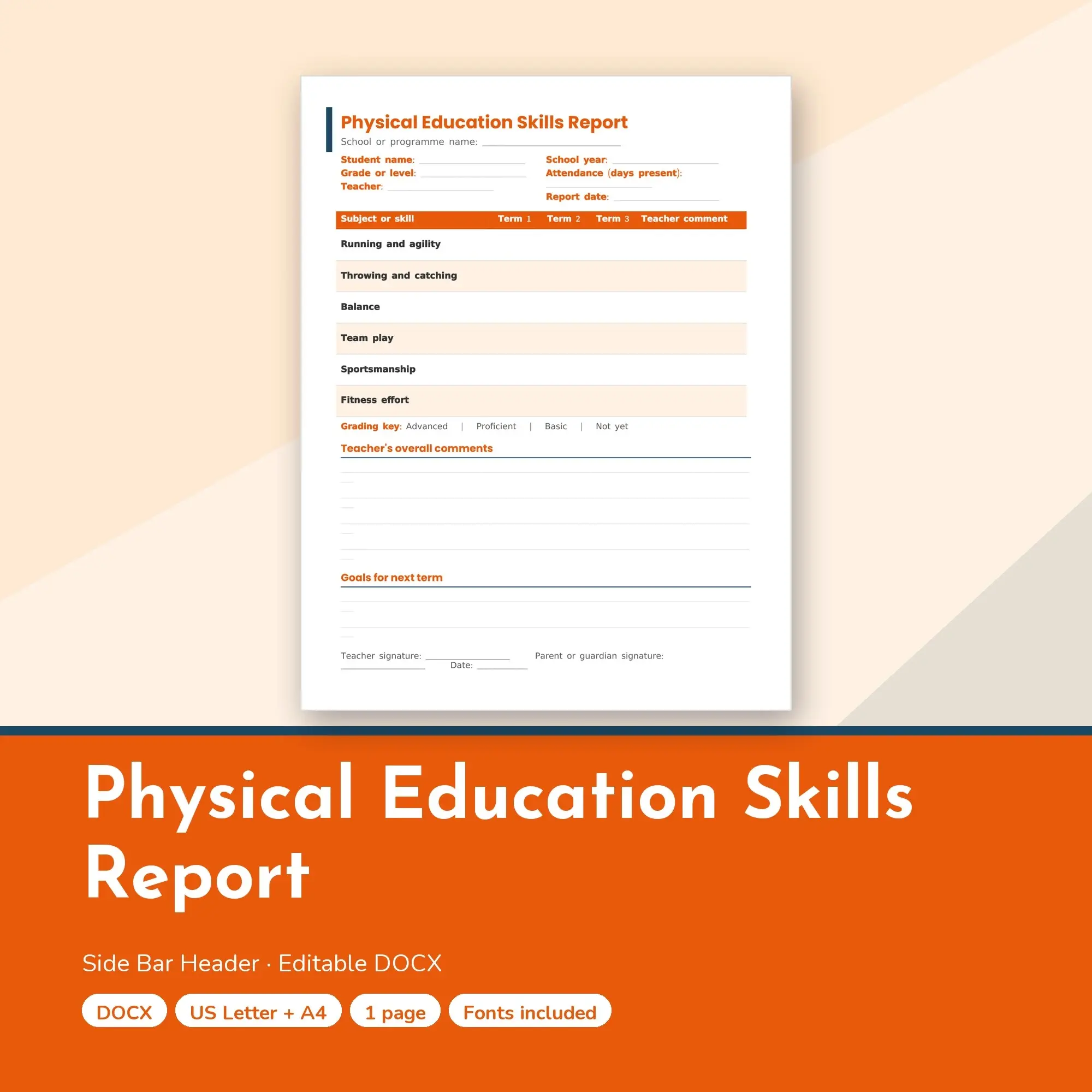 Physical Education Skills Report Template, Side Bar Header (DOCX) preview