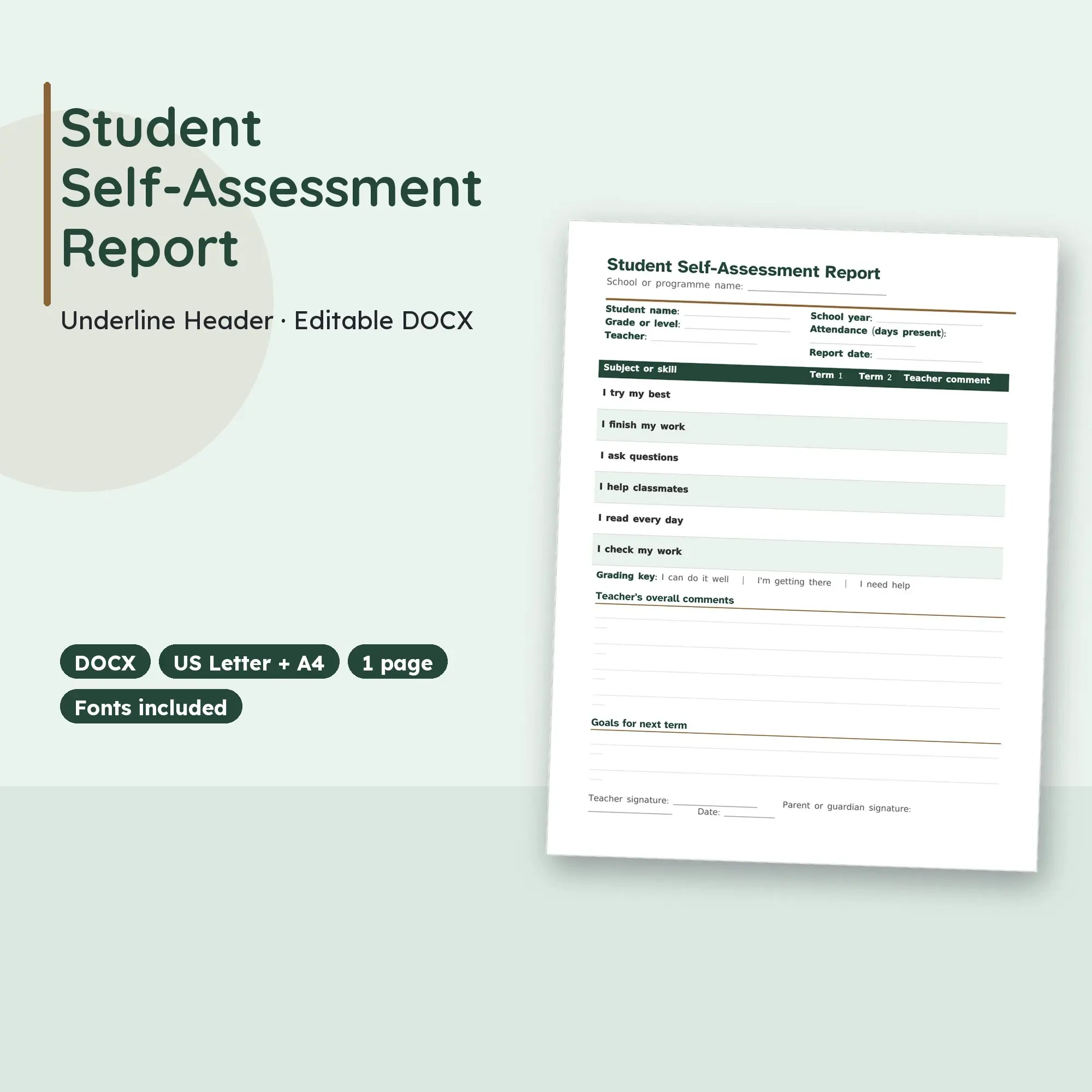 Student Self-Assessment Report Template, Underline Header (DOCX) preview