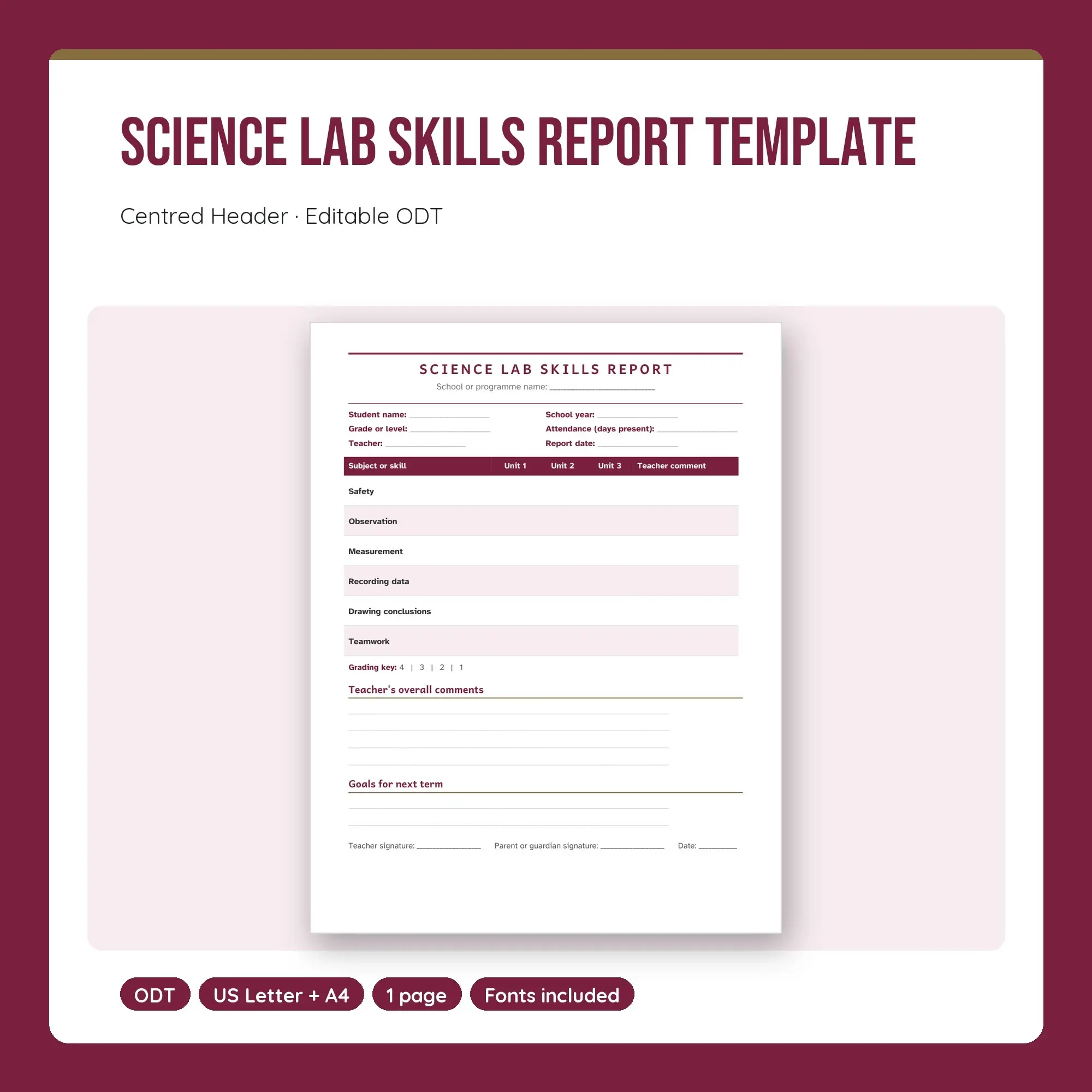 Science Lab Skills Report Template, Centred Header (ODT) preview